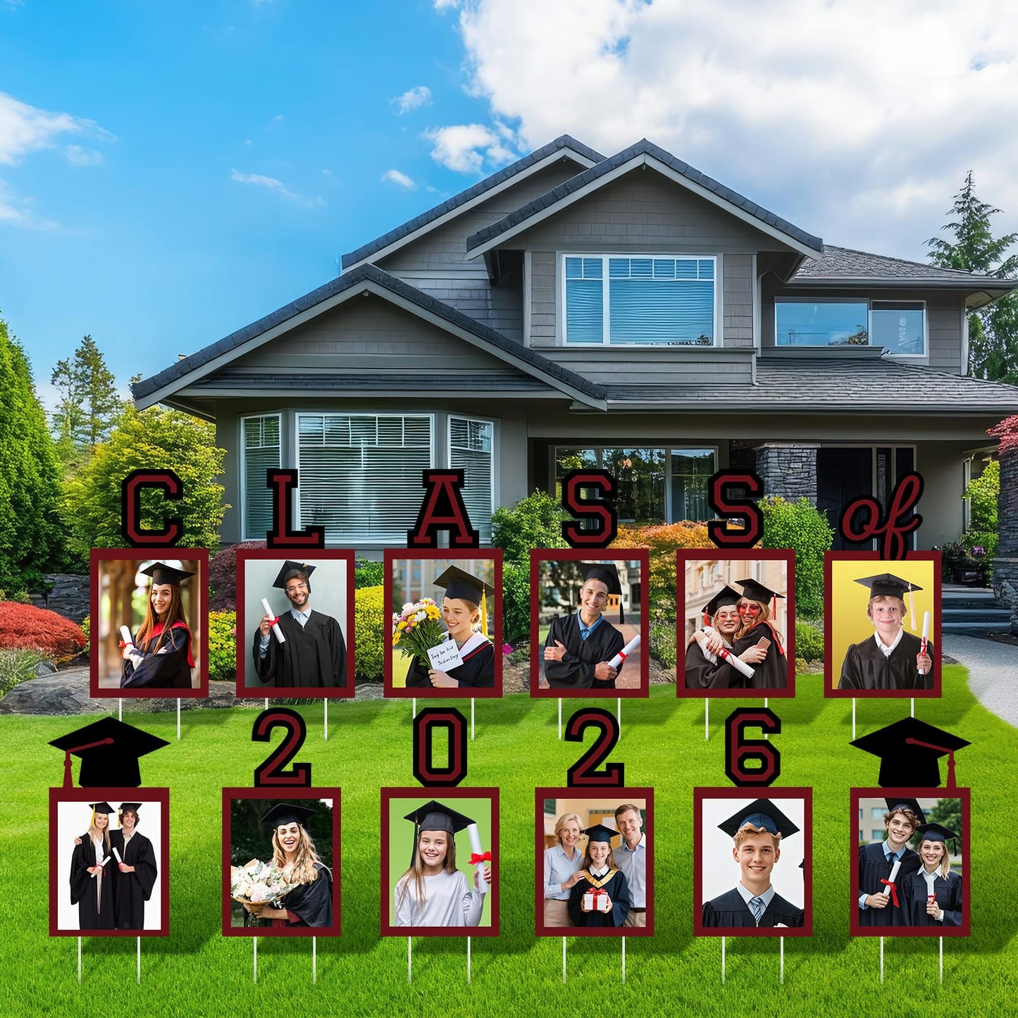 12 Pcs Graduation Photo Yard Sign Decorations 2026, K-12 Grade Graduation School Picture Frame Lawn Sign with Stakes for Kindergarten Middle High School Class of 2026 Grad Party Decorations, Red WN420