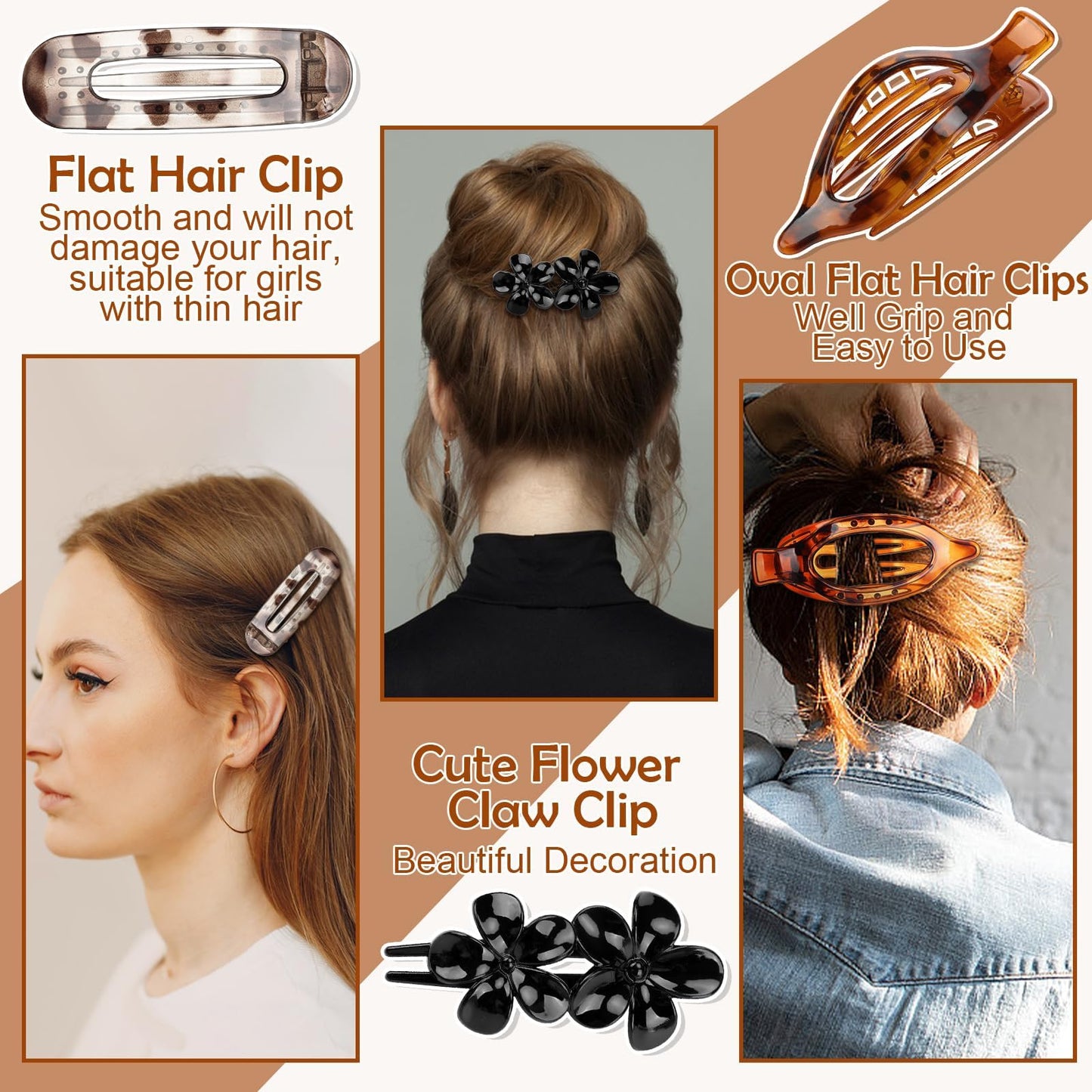8 Pcs Flat Hair Clips for Women, 2 Styles Large Flat Claw Clips for Women, Strong Hold Non-slip French Hair Clips for Thick Thin Hair, Neutral Color WN420