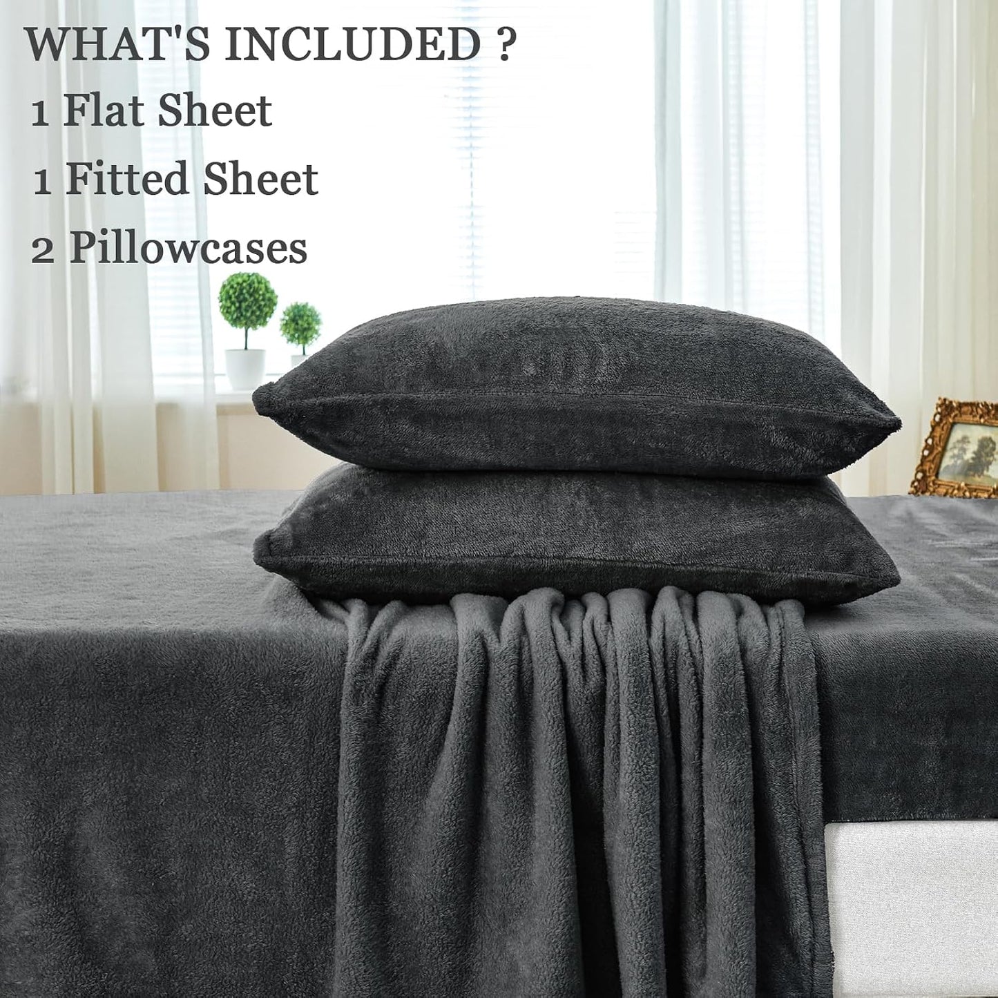 Faux Fur Queen Sheet Set, Luxury Soft Fleece Bed Sheets, Fluffy Plush Velvet Sheets Fuzzy Bedding Sheets for Fall and Winter, Cozy Warm, No Shedding, 4PC, Dark Grey BST326H