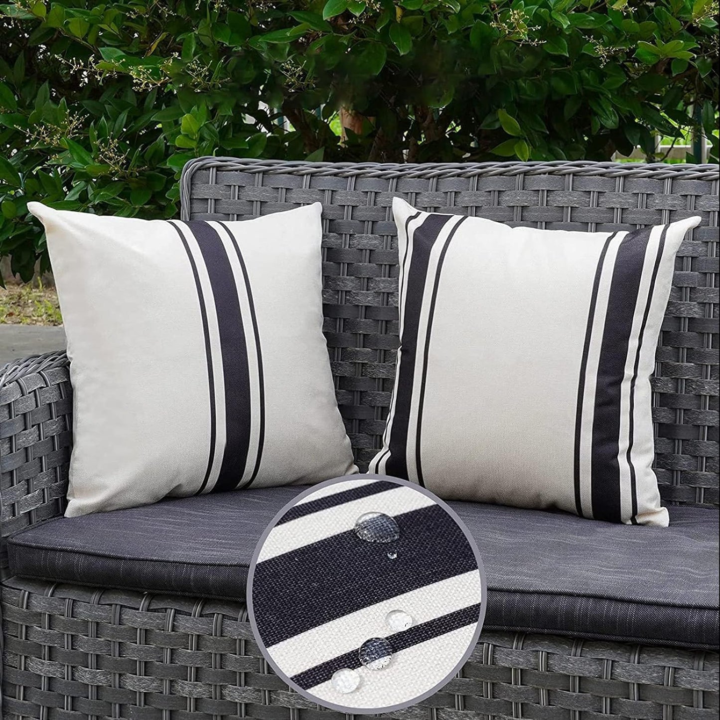 ONWAY Outdoor Pillow Covers Waterproof 18x18 Set of 2 Decorative Linen Throw Pillow Cover Beige and Black Striped Outdoor Pillows for Patio Furniture BST220