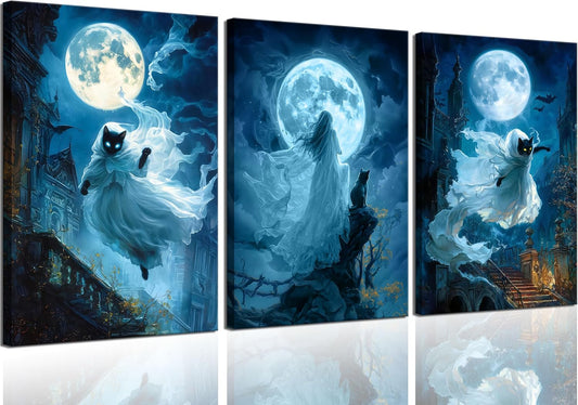 3Pcs Halloween Ghost Witch Canvas Wall Art Horror Spooky Melancholy Blue Ghost Black Cat Wall Decor Pictures Gothic Terror Moody Postres Prints for Halloween Party Corridor Bedroom Home Decoration BST326H