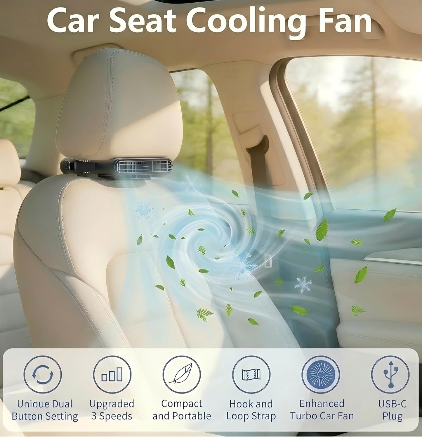 ElfTrip Car Seat Fan with Dual Air Outlets, USB Car Fans for Backseat for Kids for Driver Passenger, Stronger 3 Speeds, Forward or Backward Airflow, Fits in Most Car SUV Trucks(1 Pack No Battery)