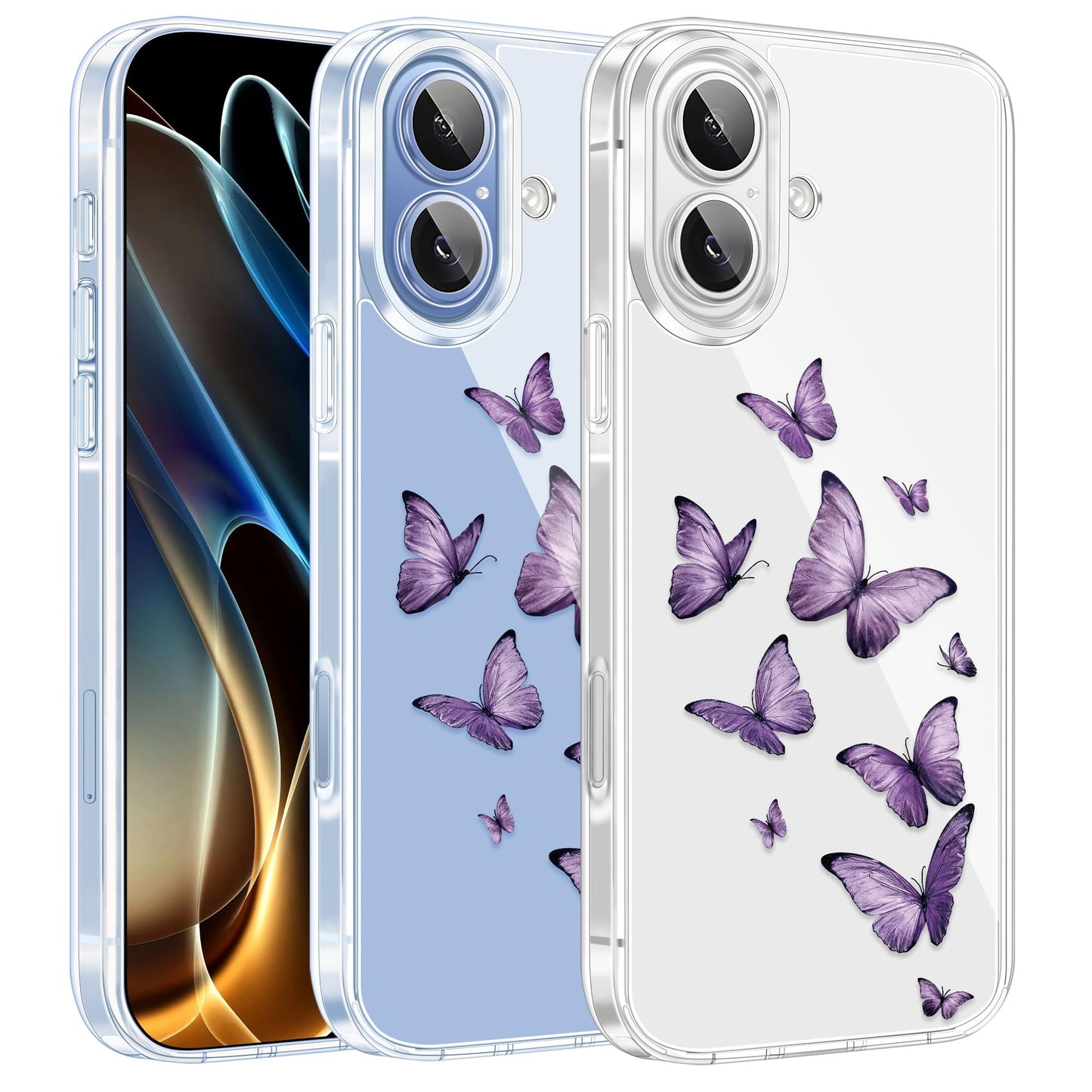 Cute Girly Crystal Clear Case Compatible with iPhone 16 Pro, Camera Control & Shockproof Protection Floral Case for Women, Blue Butterflies WN420