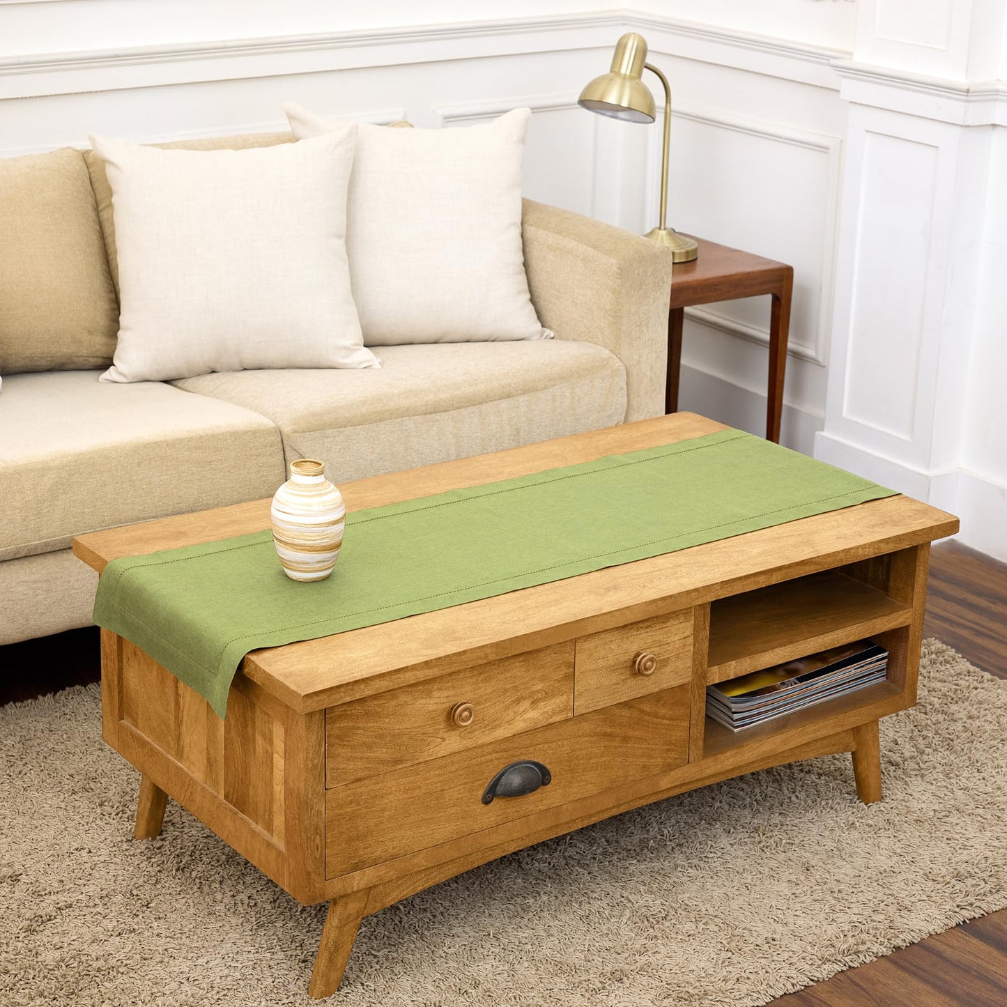 Solino Home 100% Pure Linen Table Runner Garden Green Hemstitch, 14 x 48 in | Classic Hemstitch Table Runners for dining, hallway and console table styling | hand hemstitched borders | OEKO-TEX Certified BST326SOLH