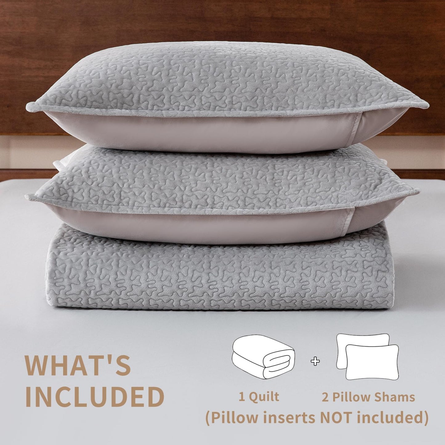 Velvet Quilt Set Queen Size - 3-Piece Lightweight Bedding, Soft Velvet Comforter, Oversized Bedspread Coverlet for All Season, Soft Gray BST326H