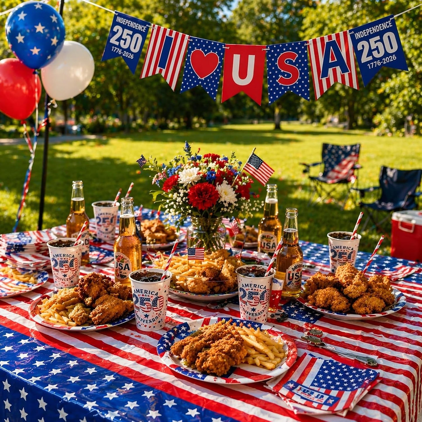4th of July Party Supplies, American Flag Patriotic Decorations | Disposable Paper Plates, Cups, Banner, Tablecloth and Napkins Set, Serve 24 BST202