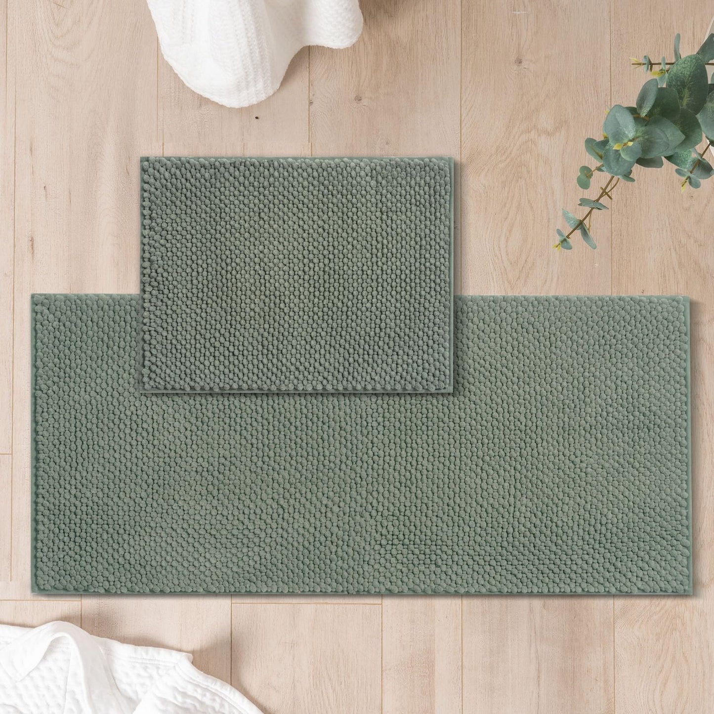 FRESHMINT Chenille Bathroom Rugs Sets 2 Piece 17"x24"+20"x32", Non-Slip Bath Mats, Absorbent Bath Rug, Washable Set of 2 Shower Floor Mat, Gray BST220