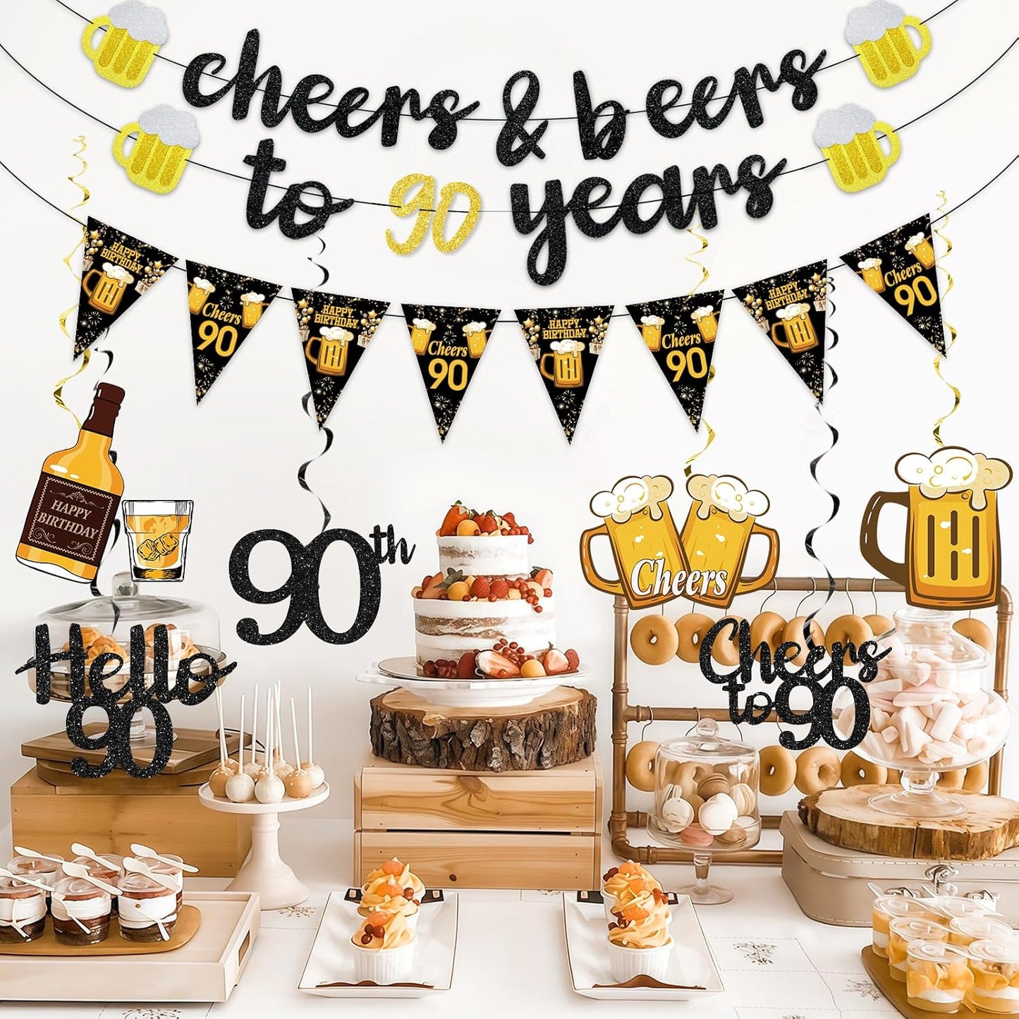 Black Gold 90th Birthday Decorations for Men Women, Glitter Pre-Strung Cheers to 90 Years Banner Hello 90 Hanging Swirls Paper Triangle Flag Banner Decorations Bday Party Supplies Kit WN420