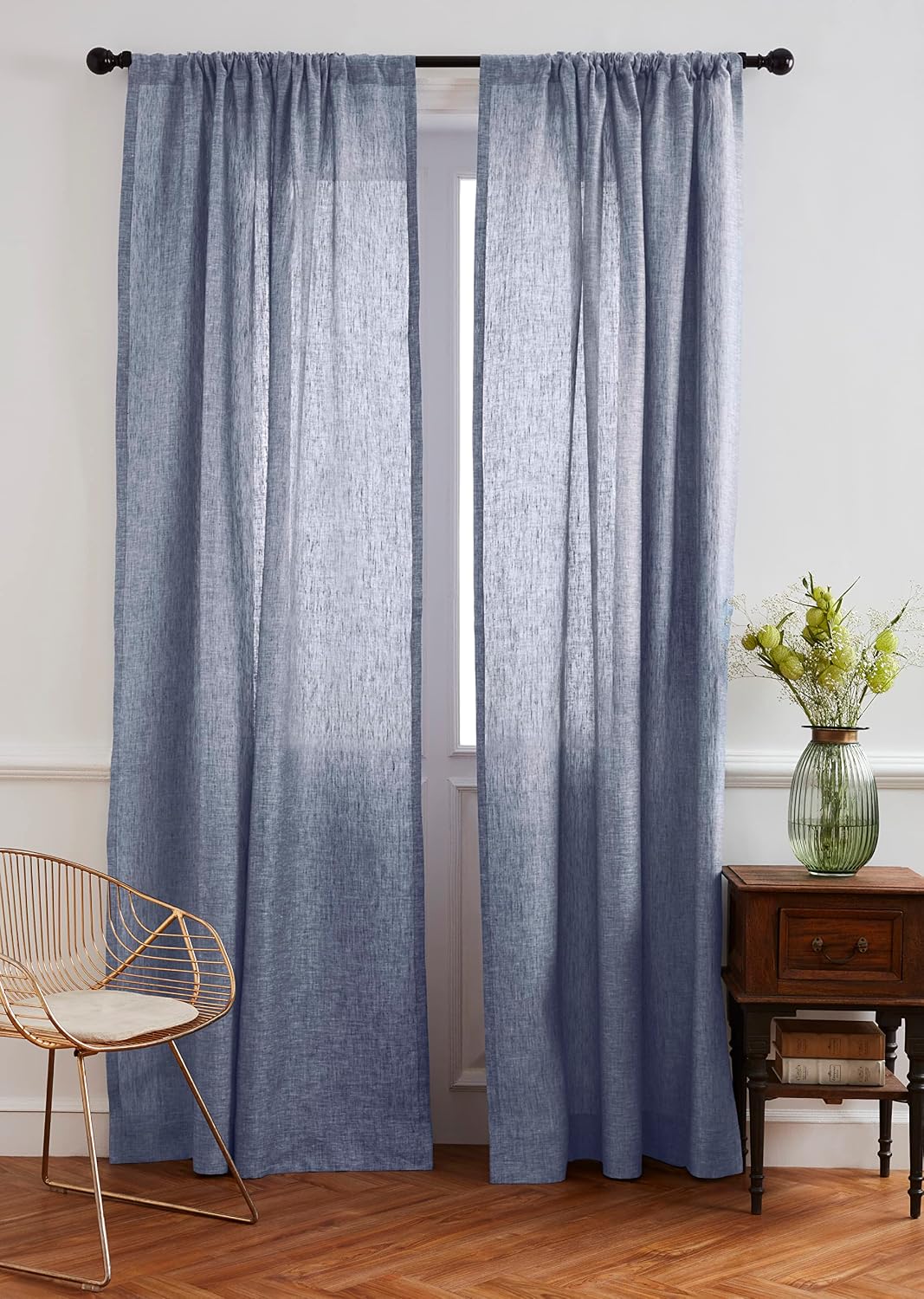 Solino Home 100% Pure Linen Curtain Panel Indigo, Linen Curtain 52 x 108 in | Drapery Panels floor-length light filtering panel for living and dining rooms, Chambray Indigo, OEKO-TEX Certified, easy care BST326SOLH