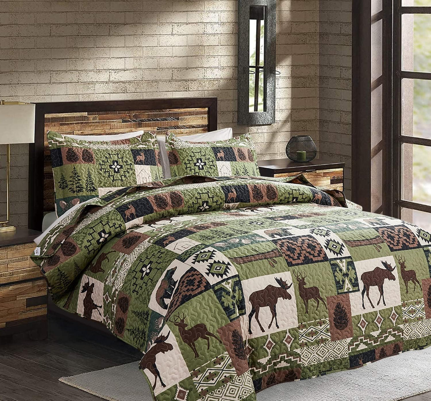 Rustic Moose Quilt Set King Size Lodge Quilt Lightweight Summer Cabin Bedspread Country Bedding Forest Bear Fish Pine Coverlet Daybed Cover Blanket Woodland Home Decor-Brown White BST220