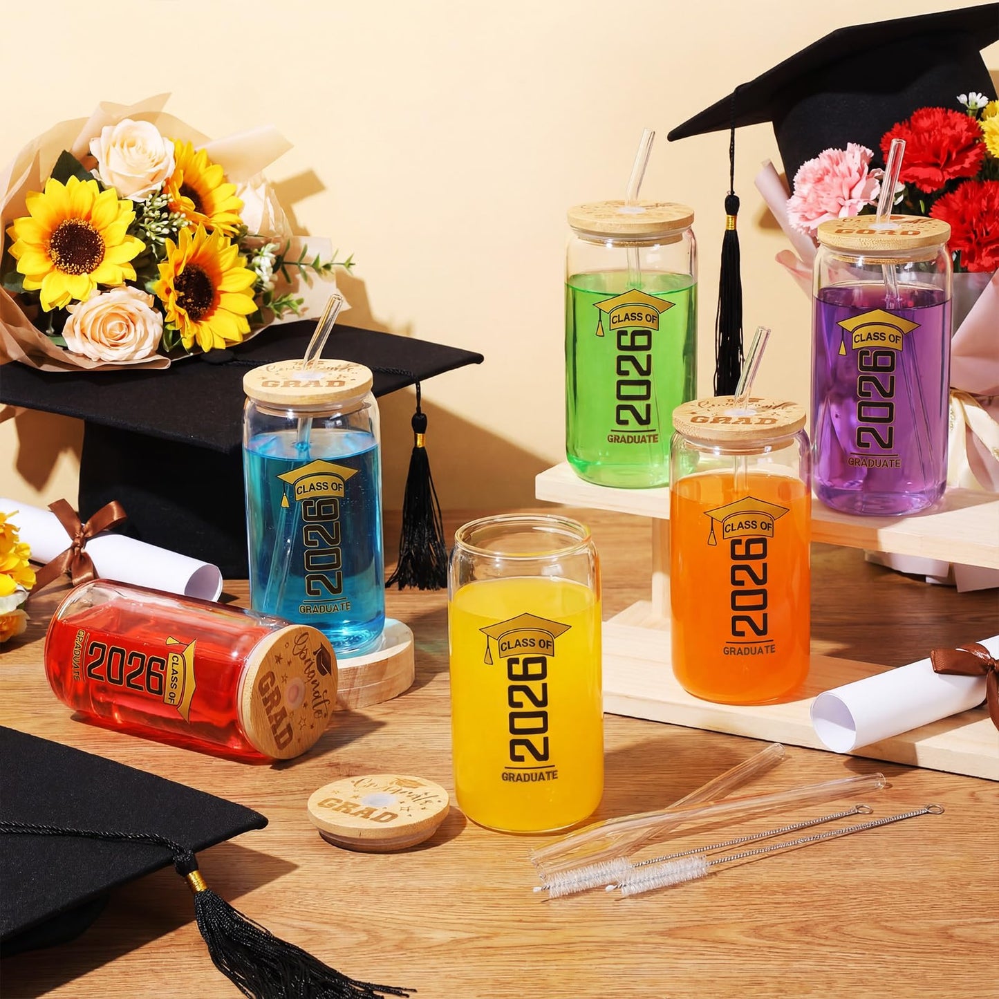 6 Pcs Red and Blue Class of 2026 Graduation Gifts Graduation Glass Cup with Lids Straw 16oz Congrats Grad Coffee Mugs for Her Him Men Women Middle & High School College Tumbler Party Favor BST326H