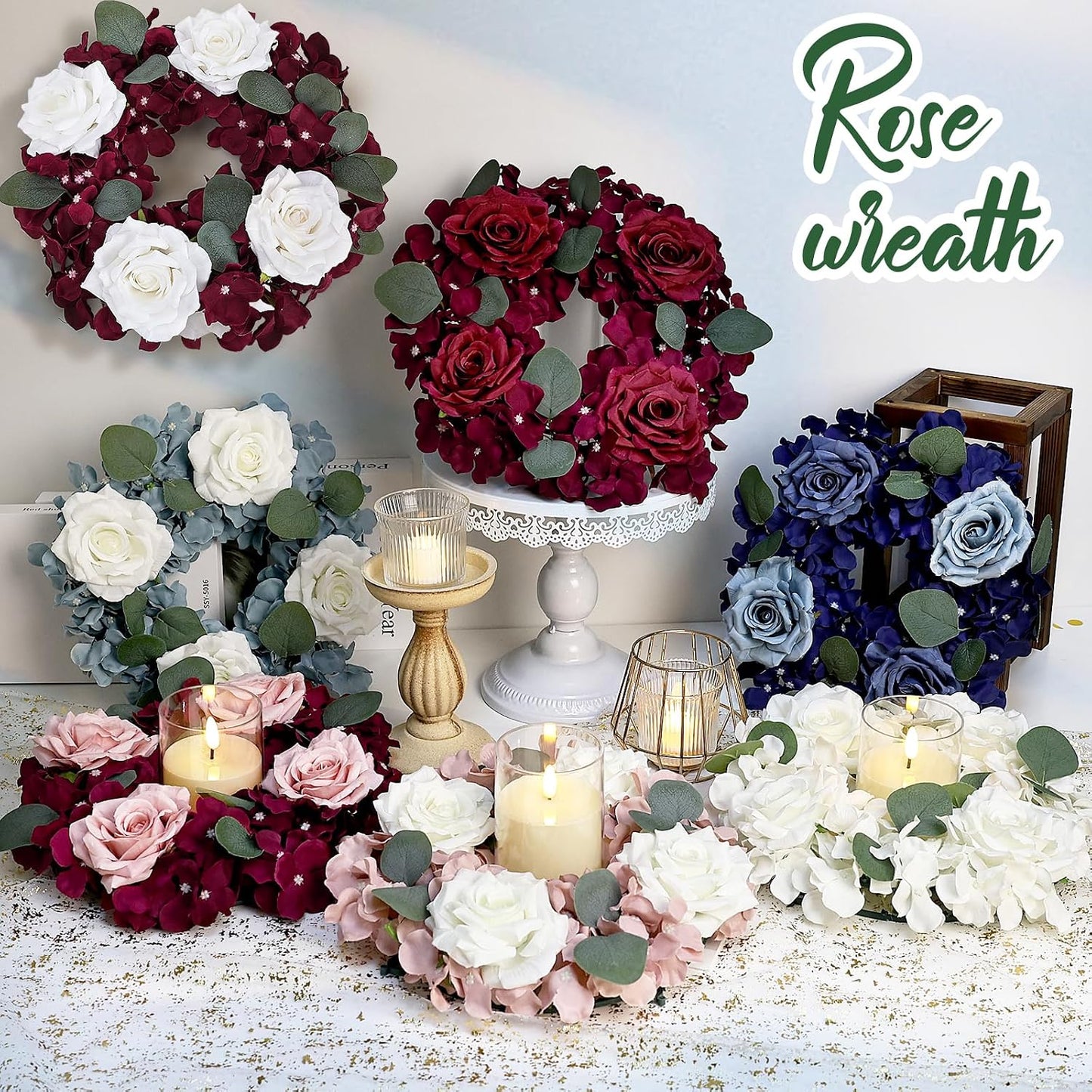 Artificial Flower Candle Rings - 6 Inch Inner Rose Floral Wreaths for Wedding Bridal Event Table Centerpieces Backdrop Decorations (Dusty Pink & White, 6 X Candle Rings) WN420