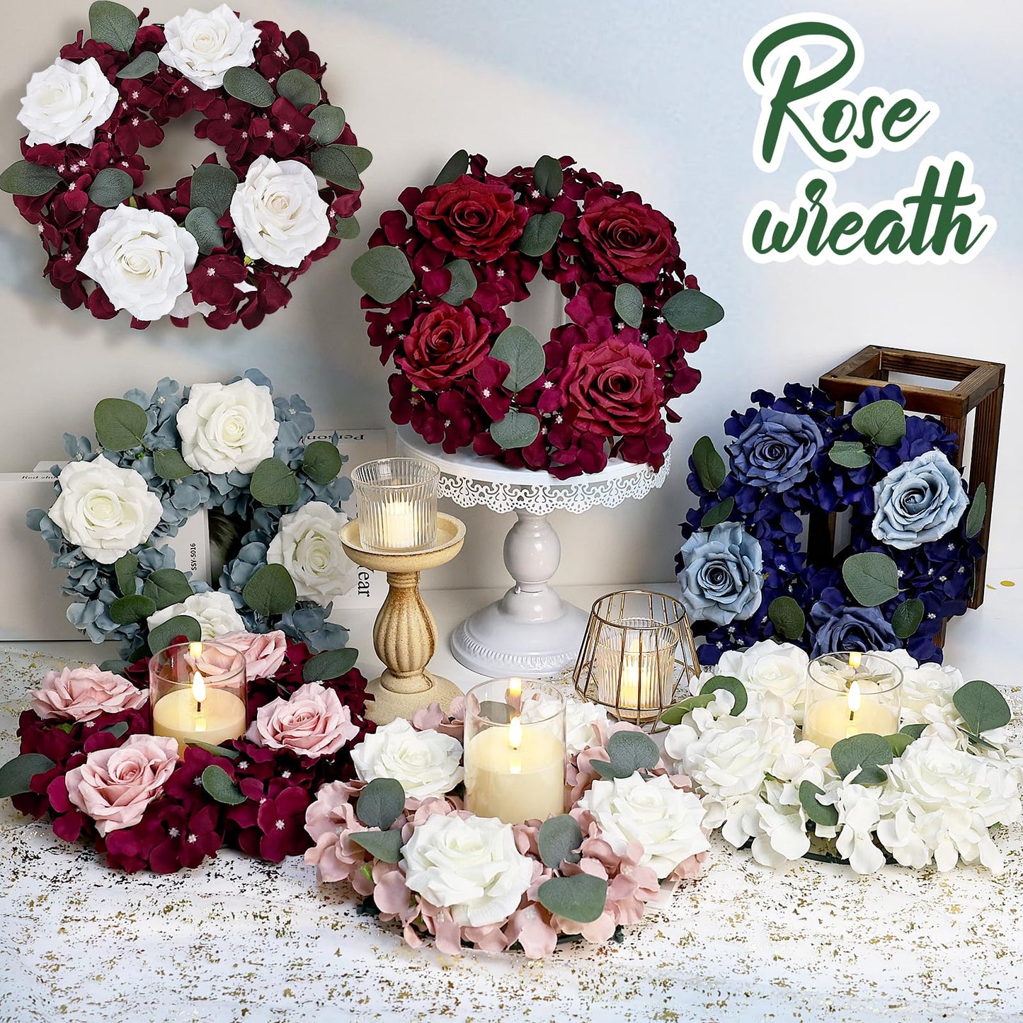 Artificial Flower Candle Rings - 6 Inch Inner Rose Floral Wreaths for Wedding Bridal Event Table Centerpieces Backdrop Decorations (Dusty Pink & White, 6 X Candle Rings) WN420