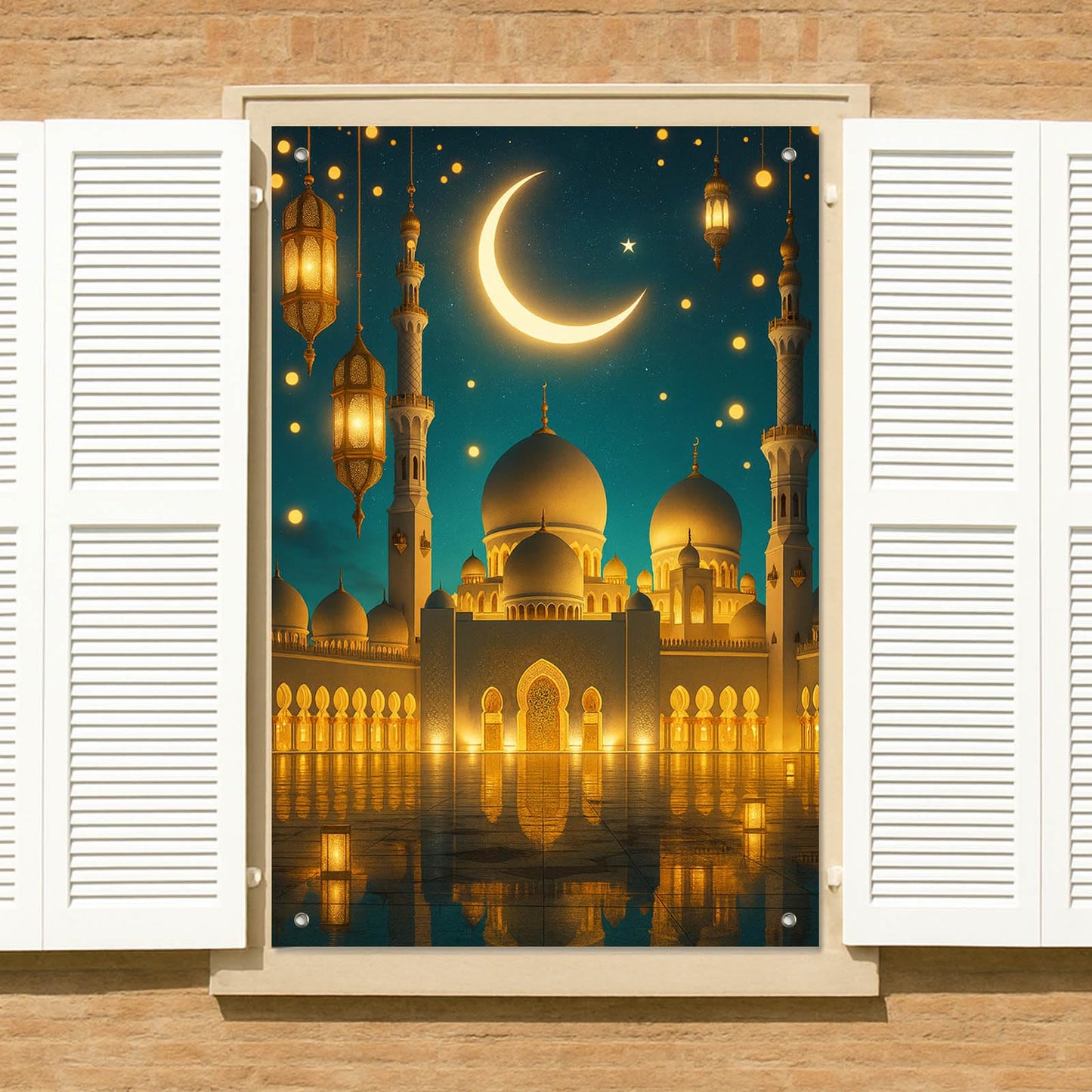 HOMETITUTE Eid Ramadan Window Banner Holiday Curtain Backdrop 31x47 Fabric | Mubarak Cover Festival Screen Windows Banner Hanging Living Room Bedroom Home Crescent Moon Star Pattern Design BST326H