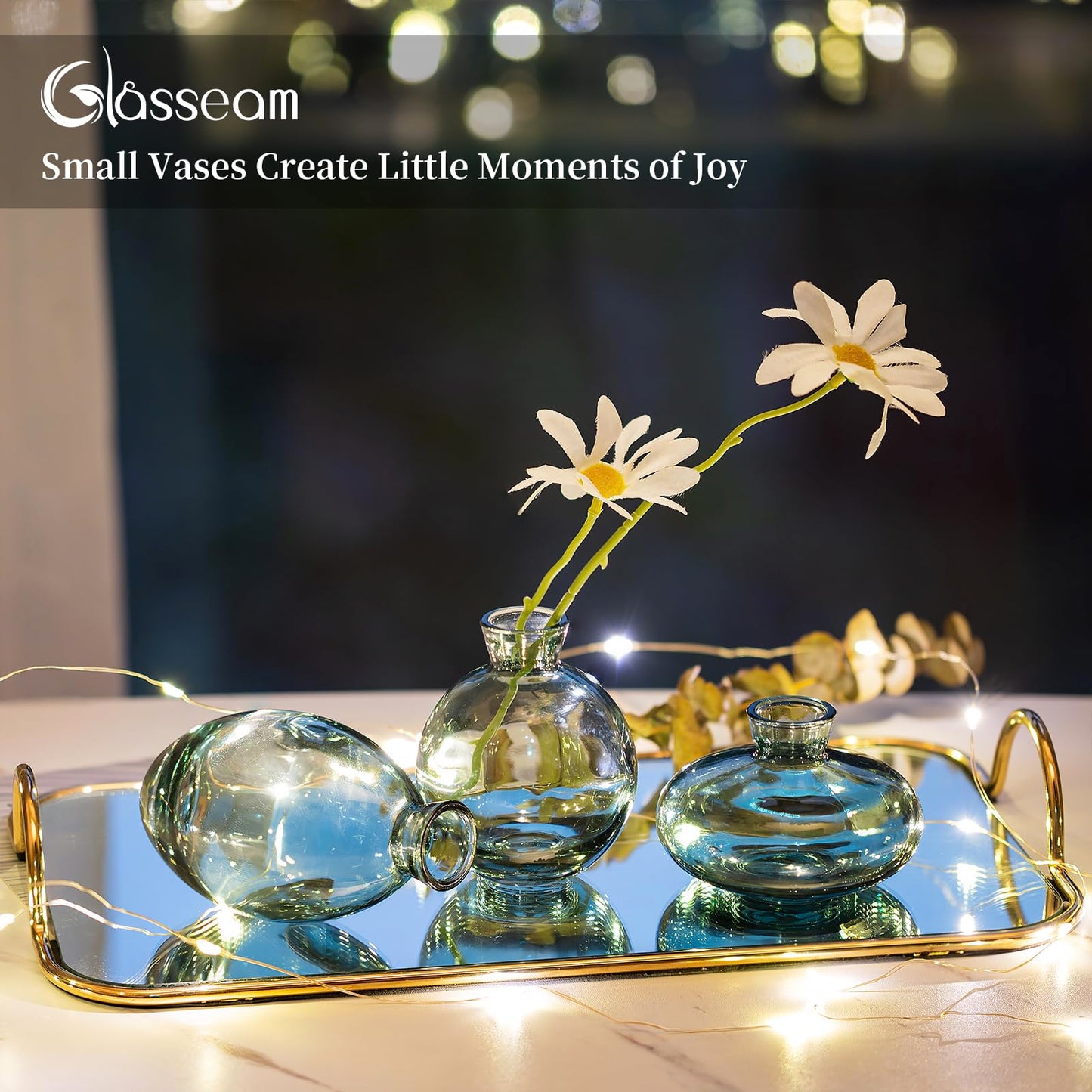 Glasseam Clear Glass Bud Vase, 3Pcs/Set Modern Decorative Small Mini Flowers Vases Short Minimalist Aesthetic Home Decor Vintage Cute Handmade Tiny Wedding Table Centerpieces for Single Flower Rose BST326H