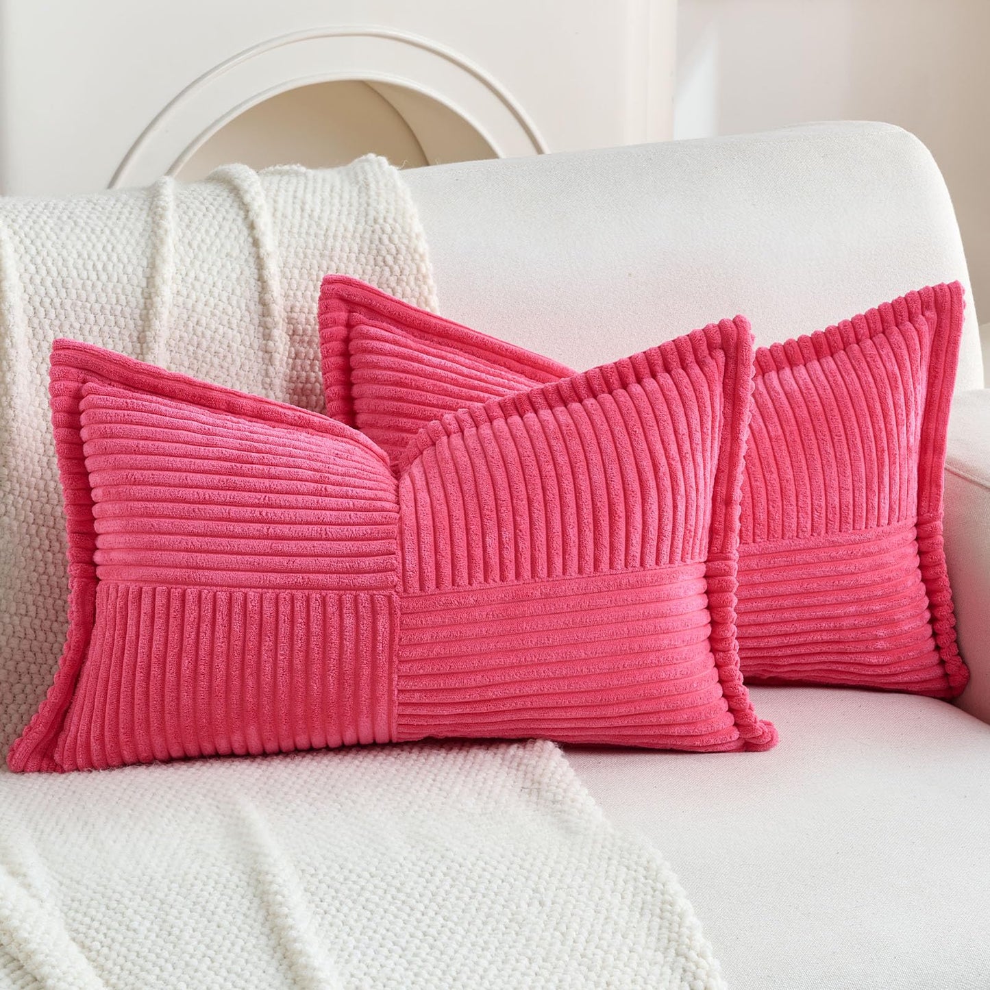 HAUSSY Pack of 2 Corduroy Throw Pillow Covers26x26 Inch, Rust | Decorative Striped Soft Boho Farmhouse Pillowcases, Machine Washable, Couch Bed Sofa Living Room Home Decor, No Insert BST202