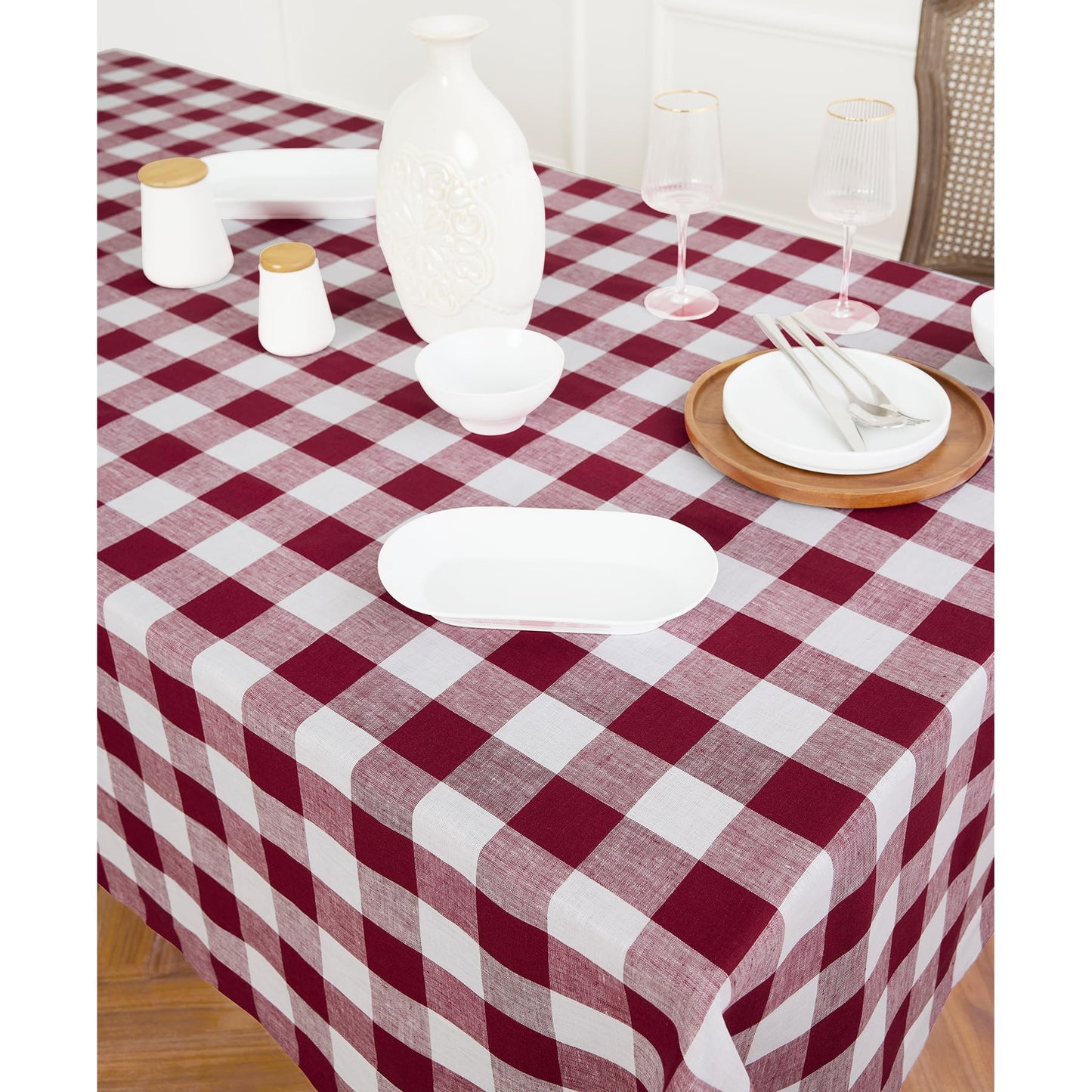 Solino Home 100% Pure Linen Rectangular Tablecloth Pink Check, 60 x 120 in | Buffalo Check Linen Table Cloth for dining and entertaining | buffalo checkered weave | Marshmellow Pink | OEKO-TEX Certified BST326SOLH