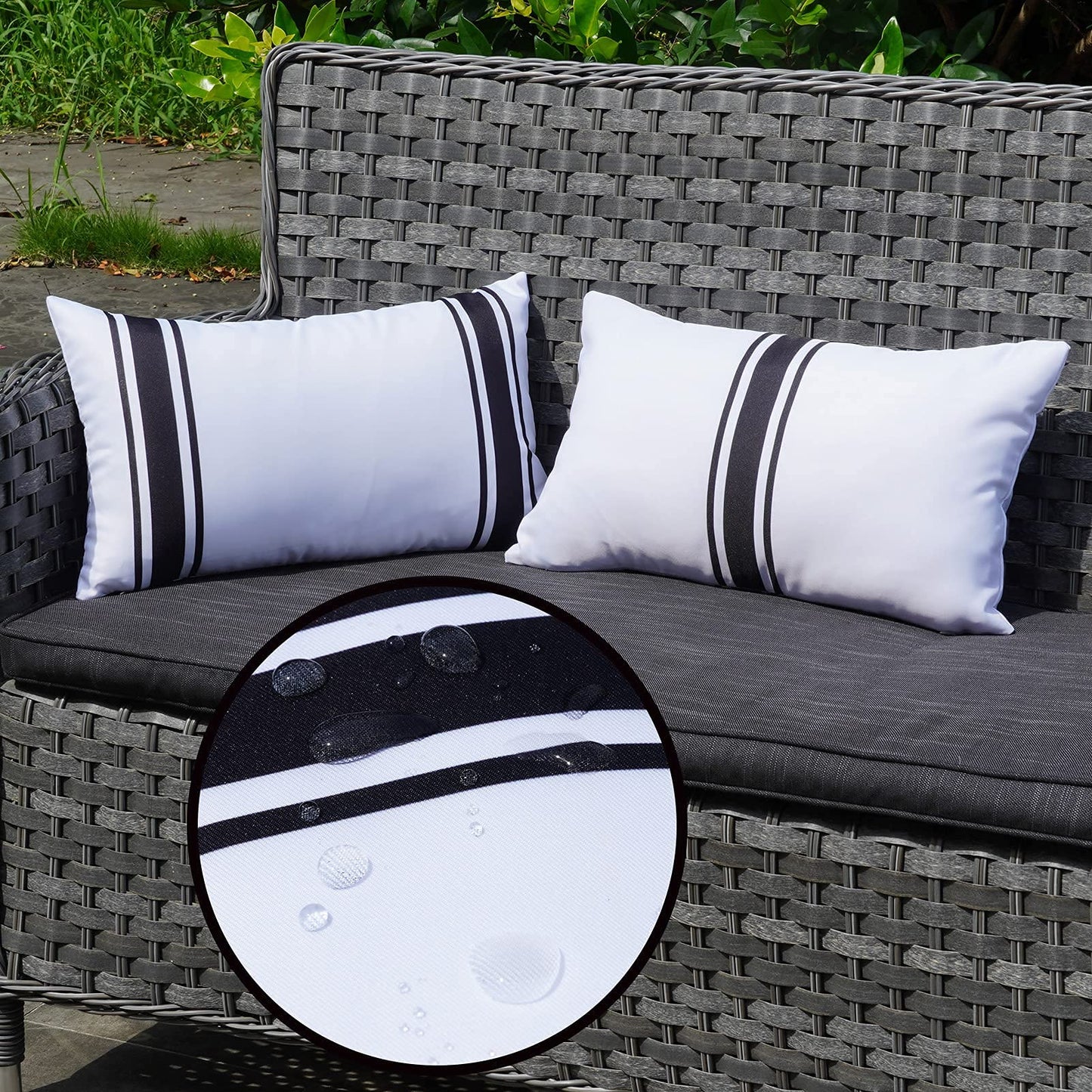 ONWAY Outdoor Pillow Covers Waterproof 18x18 Set of 2 Decorative Linen Throw Pillow Cover Beige and Black Striped Outdoor Pillows for Patio Furniture BST220