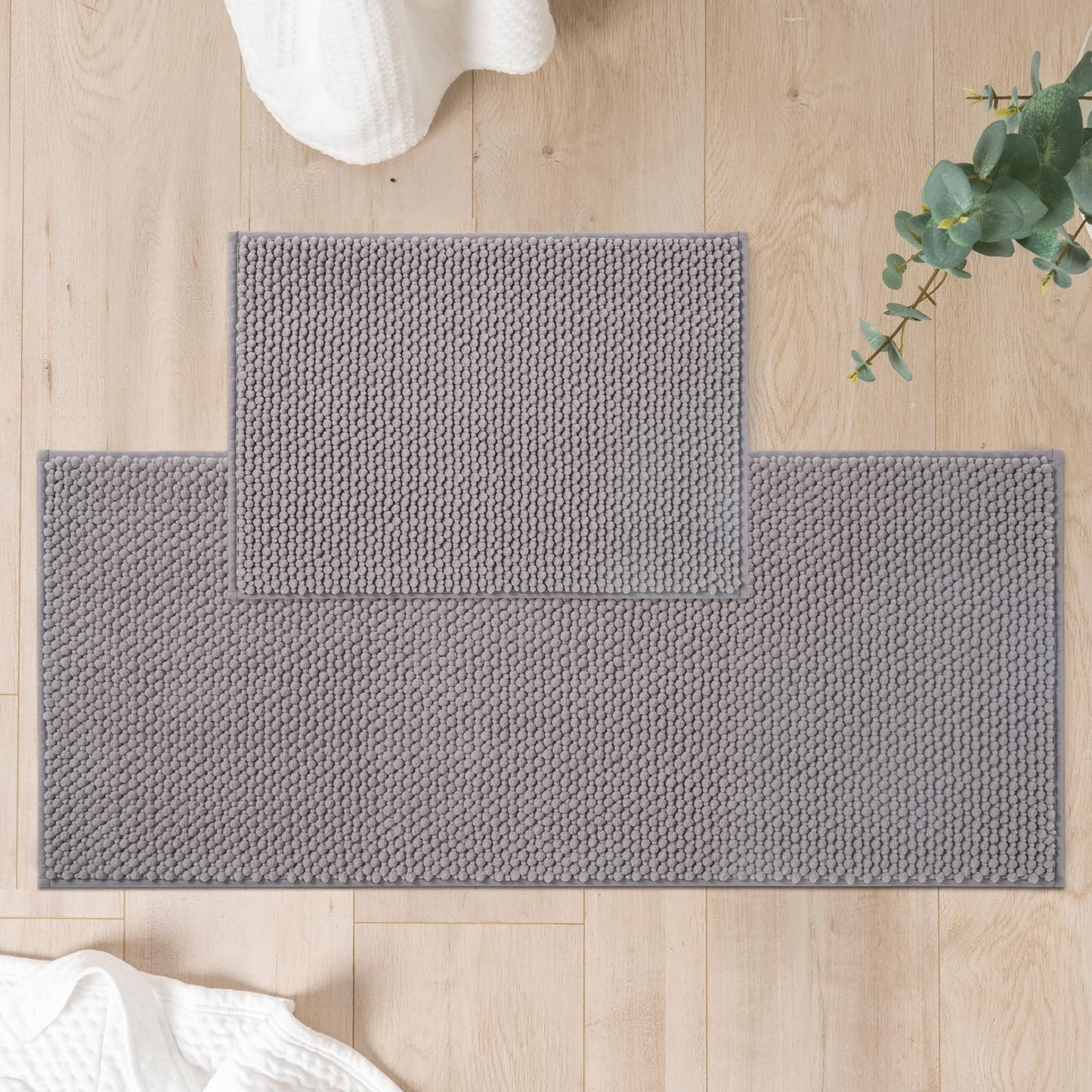 FRESHMINT Chenille Bathroom Rugs Sets 2 Piece 17"x24"+20"x32", Non-Slip Bath Mats, Absorbent Bath Rug, Washable Set of 2 Shower Floor Mat, Gray BST220