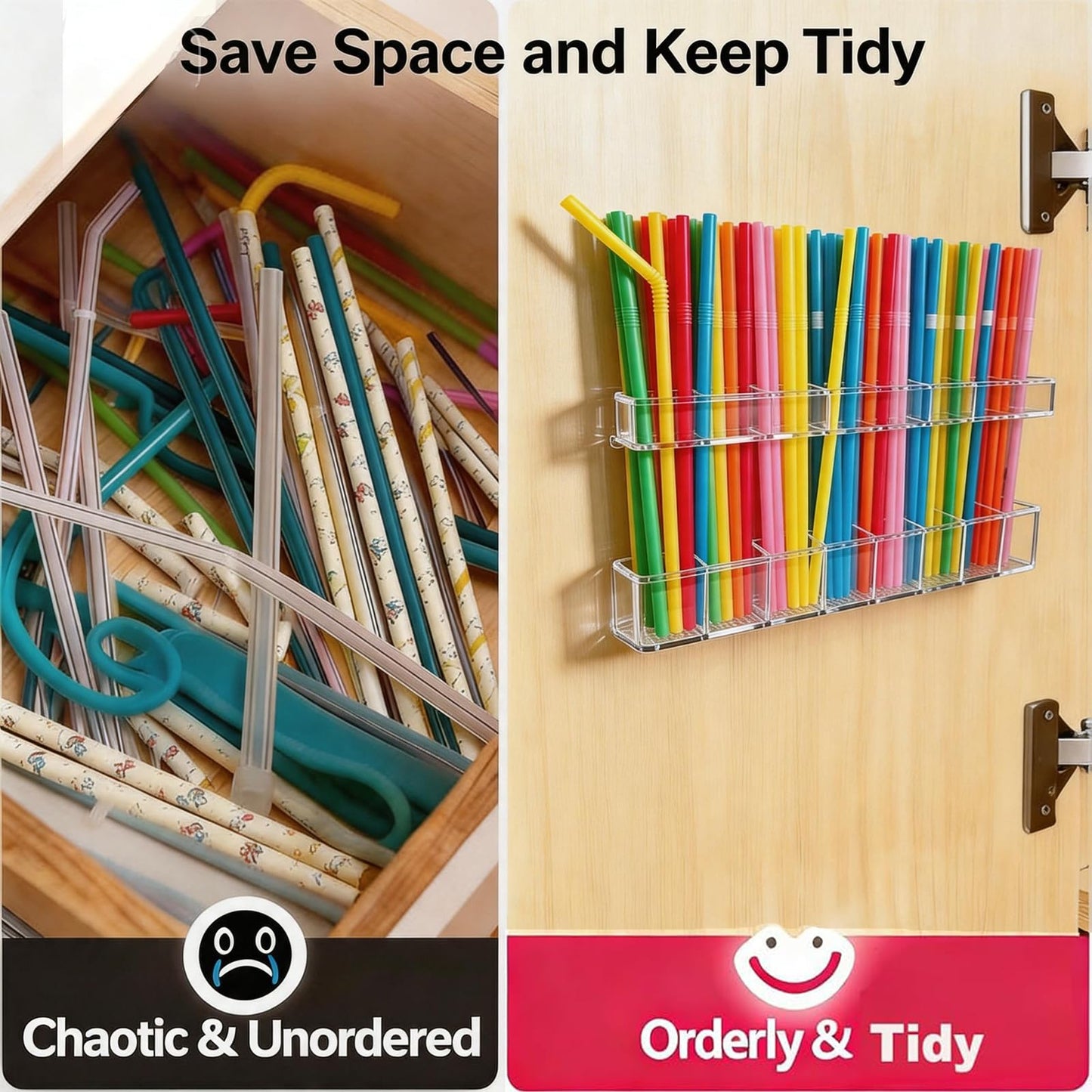 9.8 inch double-layer removable and washable Large Acrylic Cabinet Straw Holder Organizer with Traceless Nano Adhesive – Space-Saving Storage Rack for Cabinet Door, Clear Black Straw Cabinet Holder BST202