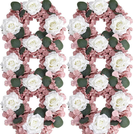 Artificial Flower Candle Rings - 6 Inch Inner Rose Floral Wreaths for Wedding Bridal Event Table Centerpieces Backdrop Decorations (Dusty Pink & White, 6 X Candle Rings) WN420