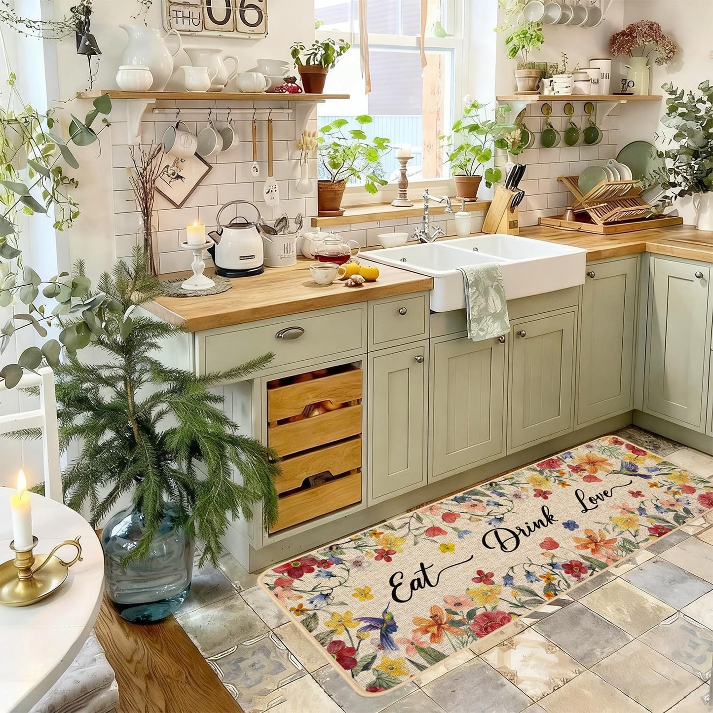 Baccessor Home Sweet Home Floral Kitchen Mats Set of 2,Spring Summer Hummingbird Flowers Kitchen Rugs Absorbent Non Slip Low-Profile Washable for Floor Home Decor 17x29 and 17x47 Inch BST202