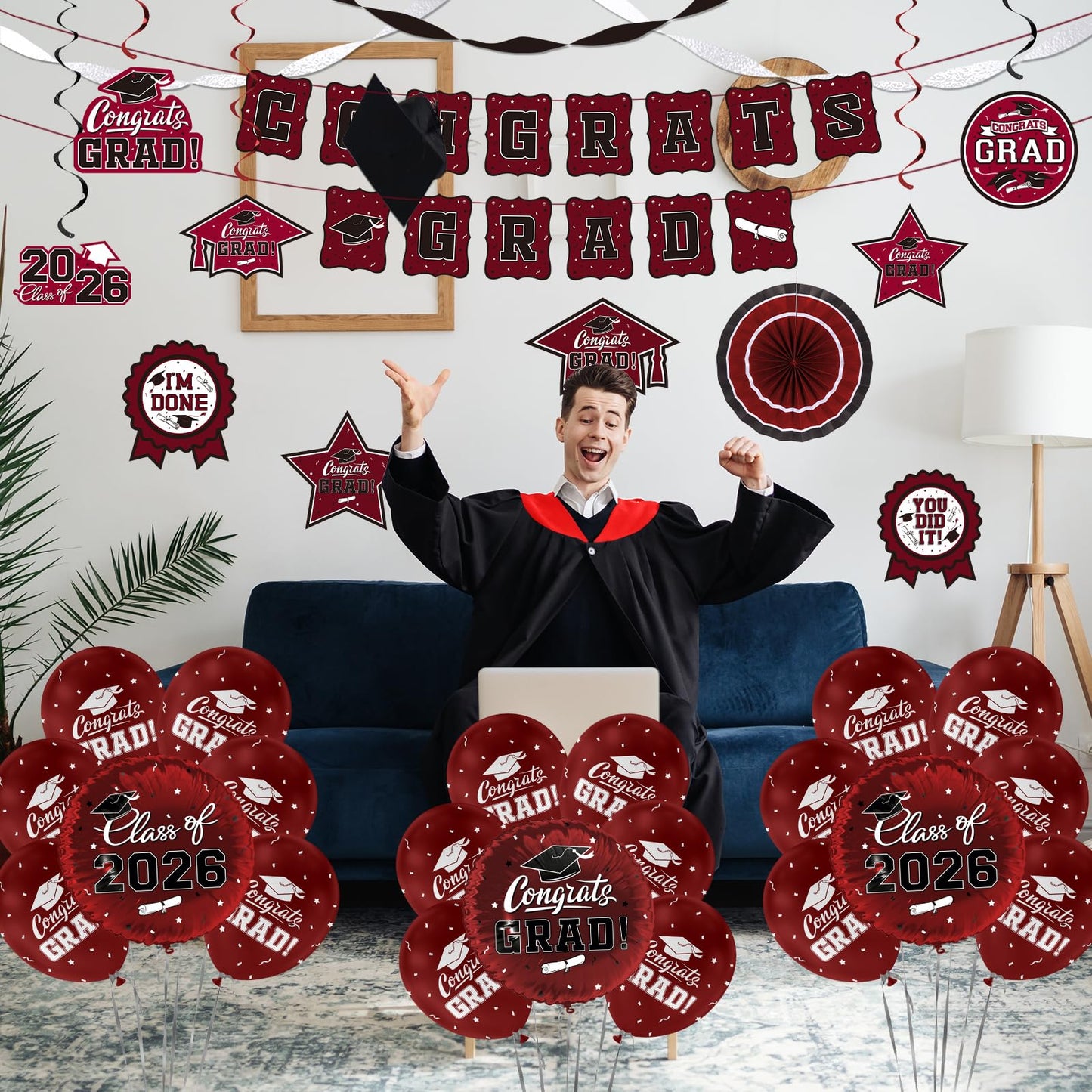 Black and Gold Themed 2026 Graduation Decorations Set - Congrats Grad Banner, Class of 2026 Backdrop, Balloons & Streamers Kit - Graduation Party Supplies for High School & College Celebrations BST326H