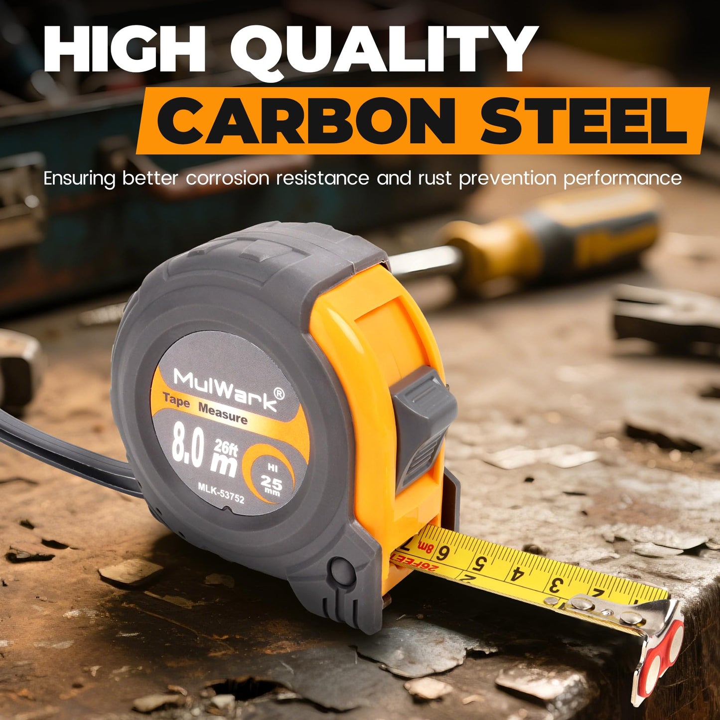 MulWark 25ft Metric Tape Measure, Measuring Tape Retractable, Easy Read Measurement Tape Both-Side Metal Blade, Magnetic Hook & Shockproof Case for Construction, Carpenter, Architect, Woodworking