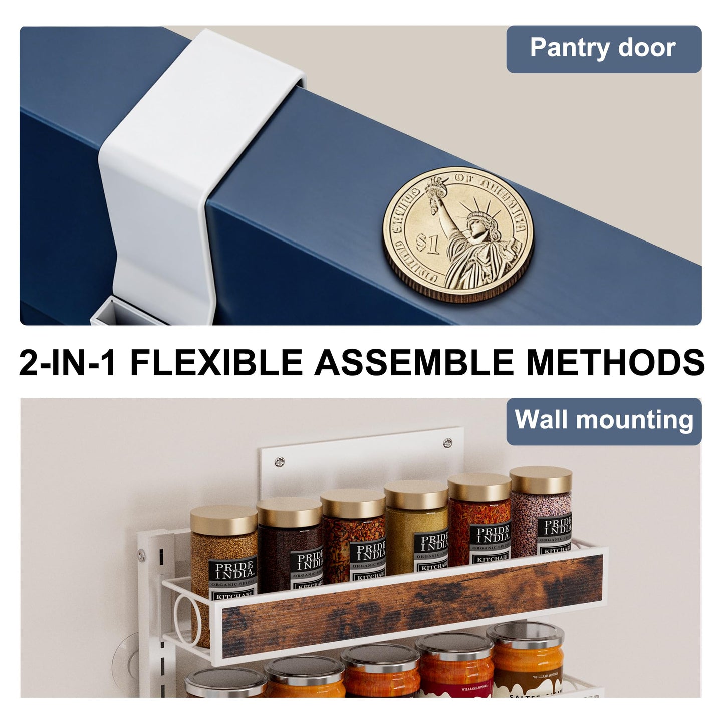 6 Tier Pantry Door Organizer Spice Rack, 2-IN-1 Wall Mount or Hanging Over Door Seasoning Organizer with Adjustable Baskets, Heavy Duty Behind Door Storage Shelves for Pantry, Cabinet and Kitchen BST220