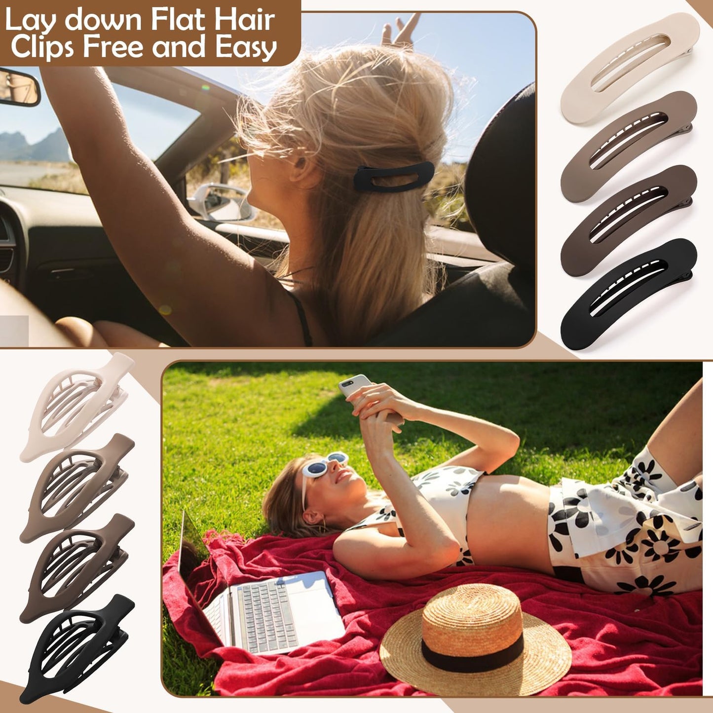 8 Pcs Flat Hair Clips for Women, 2 Styles Large Flat Claw Clips for Women, Strong Hold Non-slip French Hair Clips for Thick Thin Hair, Neutral Color WN420