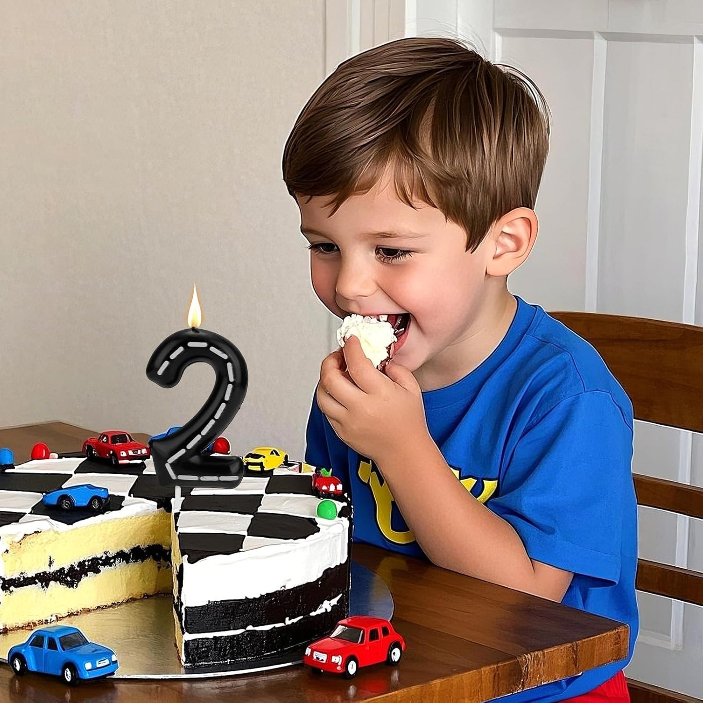 Birthday Number Candles, Black White Numeral Birthday Candles Racing Cars Themed Cake Decoration Cake Topper for Bday Anniversary Wedding (Number 2) BST326L