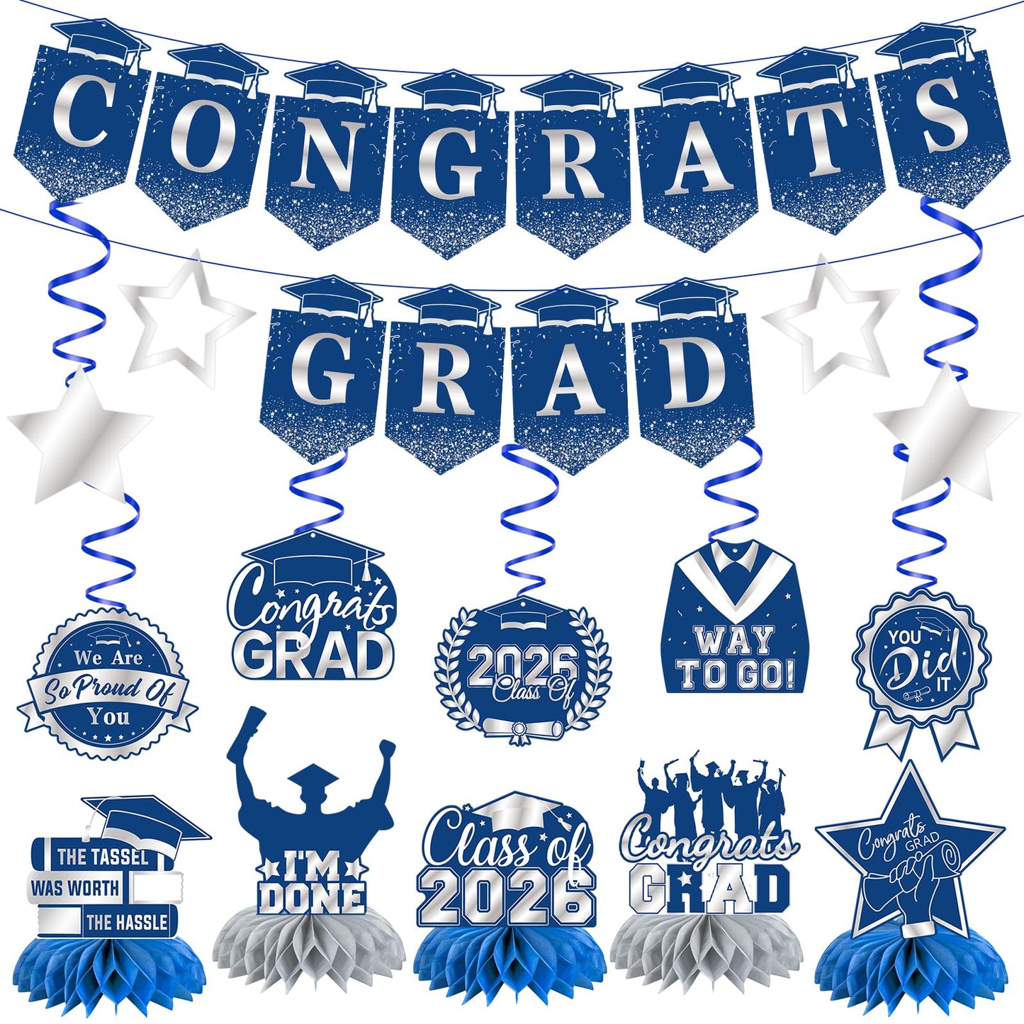 Graduation Decorations 2026, Class of 2026 Graduation Party Decorations Set, Congrats Grad Banner, Hanging Swirls & Table Centerpiece Decorations, Black and Gold Graduation Decor for Home School Party BST326L
