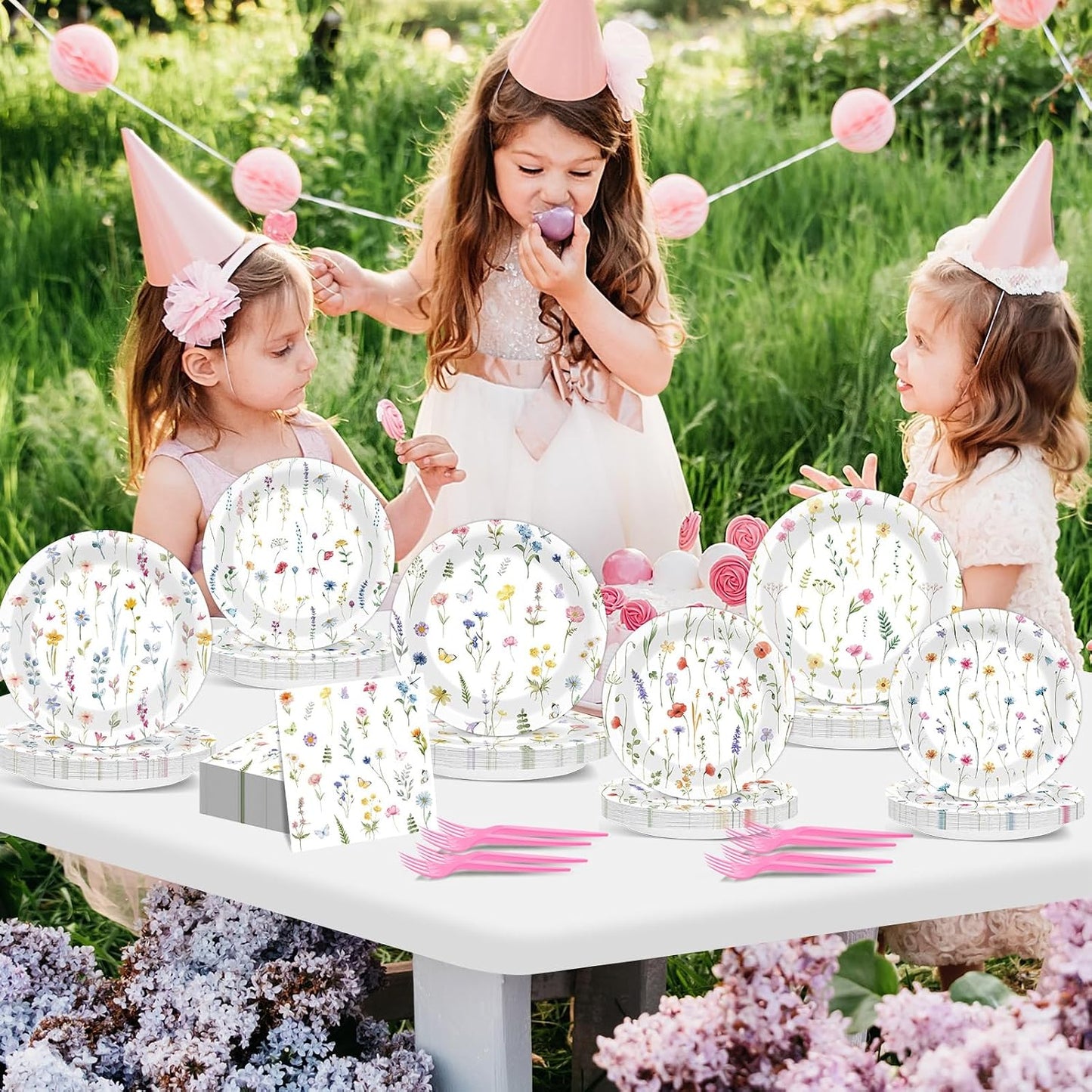 96Pcs Wildflower Party Supplies Floral Themed Paper Plates Napkins Wildflower Butterfly Tableware Disposable Dinnerware Decoration Set for Girls Birthday Wedding Bridal Baby Shower Party Table Decor BST202