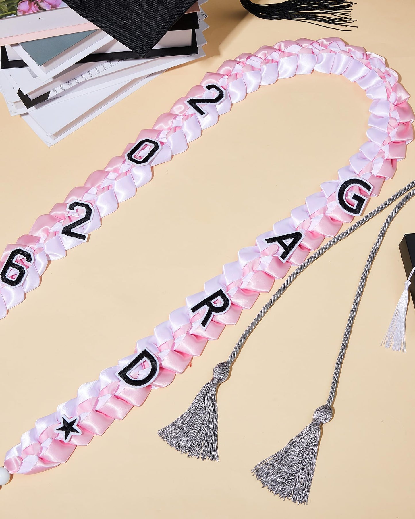 Cindeer 2026 Graduation Ribbon Lei Set Handmade Braided Necklace Honor Cord with Tassel 2026 Grad Embroidery Patches for High School College Graduation Party Supplies(Black, Red) BST220