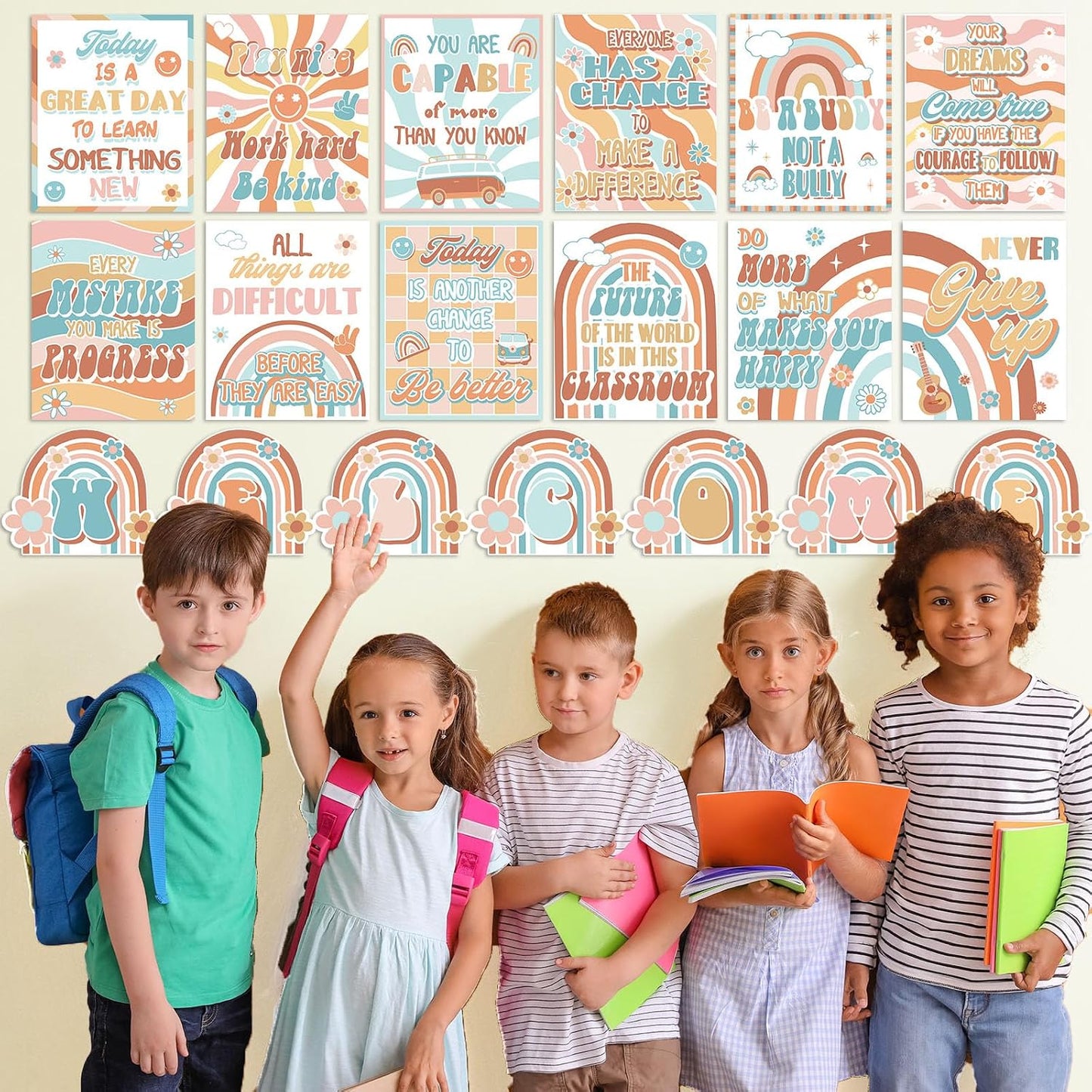 ZOIIWA 19 Pcs Retro Welcome Classroom Posters Retro Groovy Bulletin Board Decoration Groovy Inspirational Quotes Posters Back to School Bulletin Board for Classroom School Wall Decor WN420