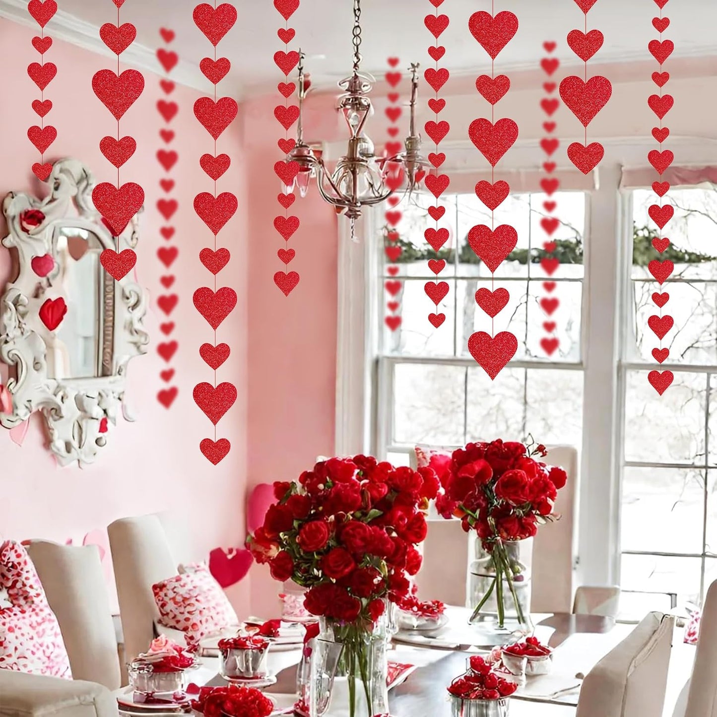 4 Pack Glitter Heart Garland Valentines Day Decorations Paper Hearts Streamers Hanging Hearts Decorations for Valentines Galentines Day Birthday Bridal Shower Wedding Engagement Anniversary (Red) BST326L