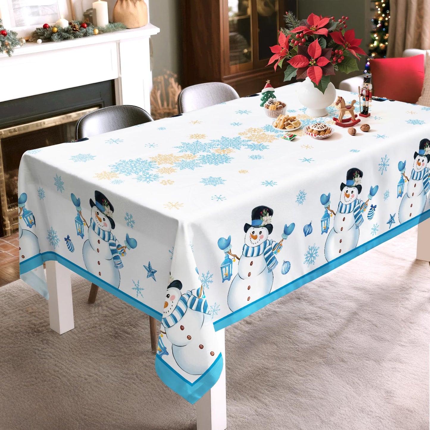Christmas Tablecloth Waterproof, Red Snowman Snowflake Table Cloth Rectangle, Washable Table Cover for Christmas Party Home Kitchen Decoration (60×120 Inch) BST202