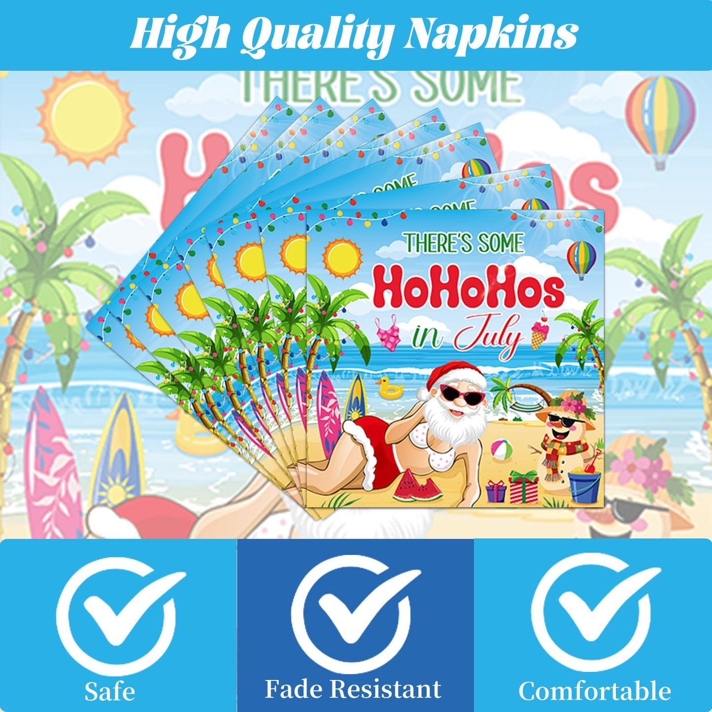 Gameza July Christmas Party Decorations Tableware, 96PCS There's Some Hohoho's in July Disposable Paper Plates and Napkins Decoration, Summer Xmas Beach Forks Decor Supplies Serves 24 BST220