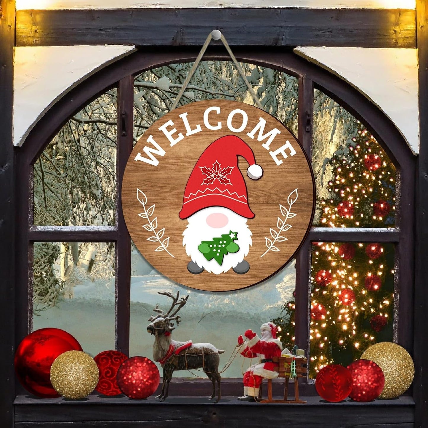 Interchangeable Seasonal Welcome Sign Front Door Decoration,Rustic Round Wood Wreaths Wall Hanging Outdoor Decor for Spring Summer Autumn and Winter All Seasons Holiday Halloween Christmas(Elf) BST326H