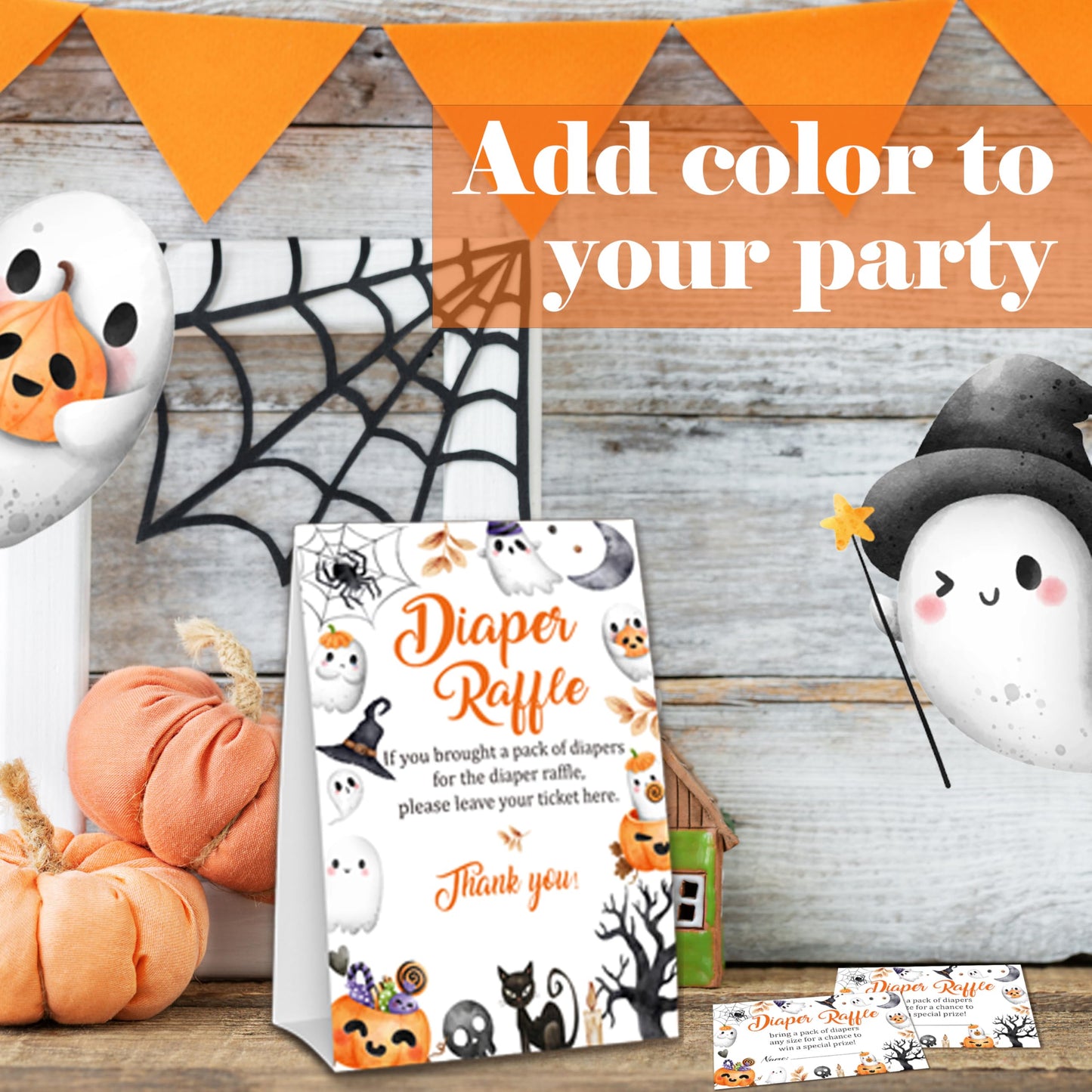 Halloween Baby Shower Measure The Baby Bump, 1 Self-Standing Sign + 50 Tickets for Little Ghost Gender Reveal Announcement Party Favor Supplies - D12 BST326L
