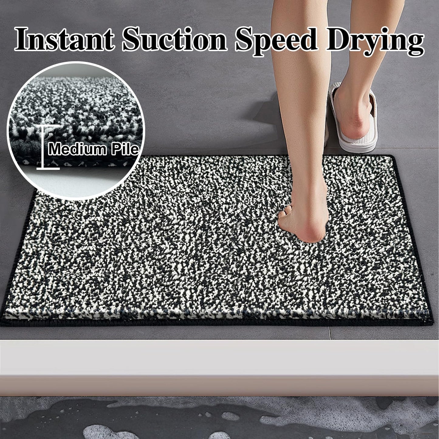 HDFK Bathroom Rugs | Non Slip Washable Bath Mats 24x16 Inches 2 Tone Soft Chenille Medium Pile TPR Floor Mat | High Absorbency Quick Dry Grey and White | Shower Rug for Wet Dry Zone BST220