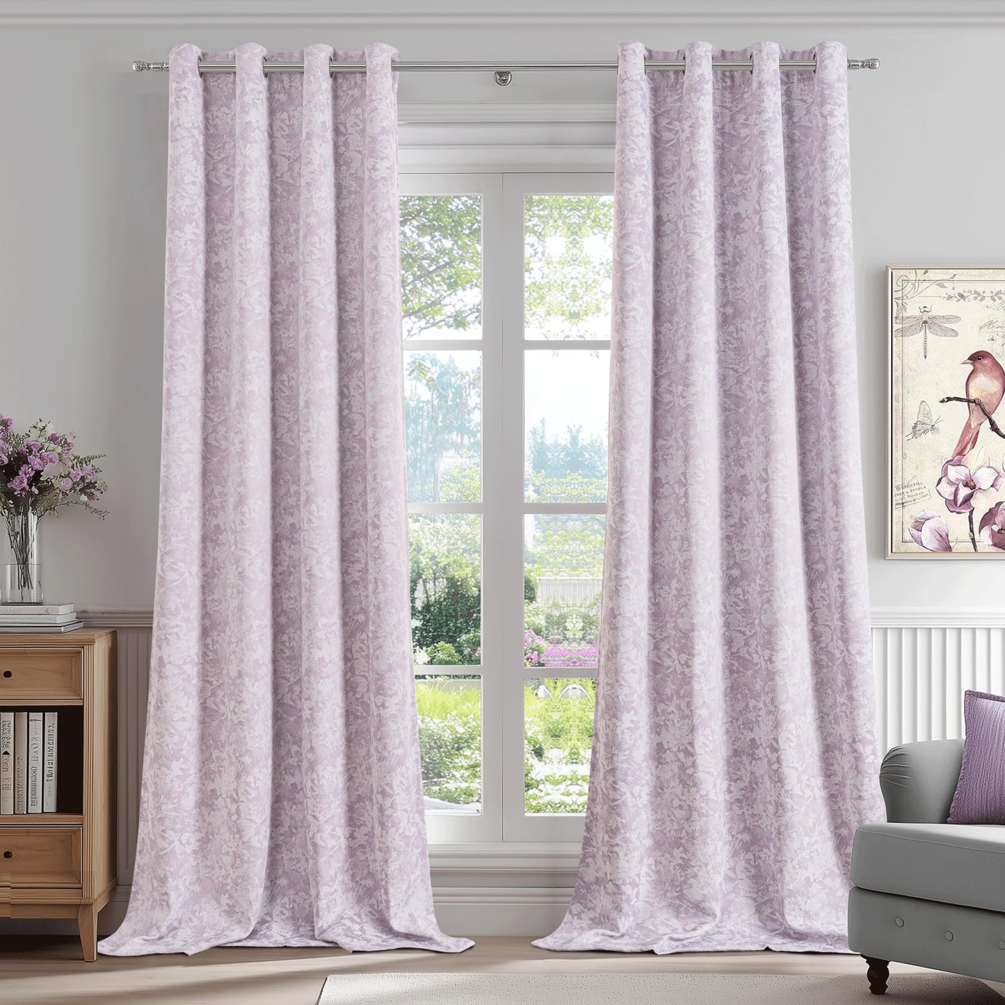 Beauoop Green Floral Jacquard Blackout Curtains 90 Inches Long 2 Panels for Bedroom Living Room Sage Flower Chenille Room Darkening Thermal Insulated Soundproof Grommet Window Treatments Drapes, 52x90 BST220