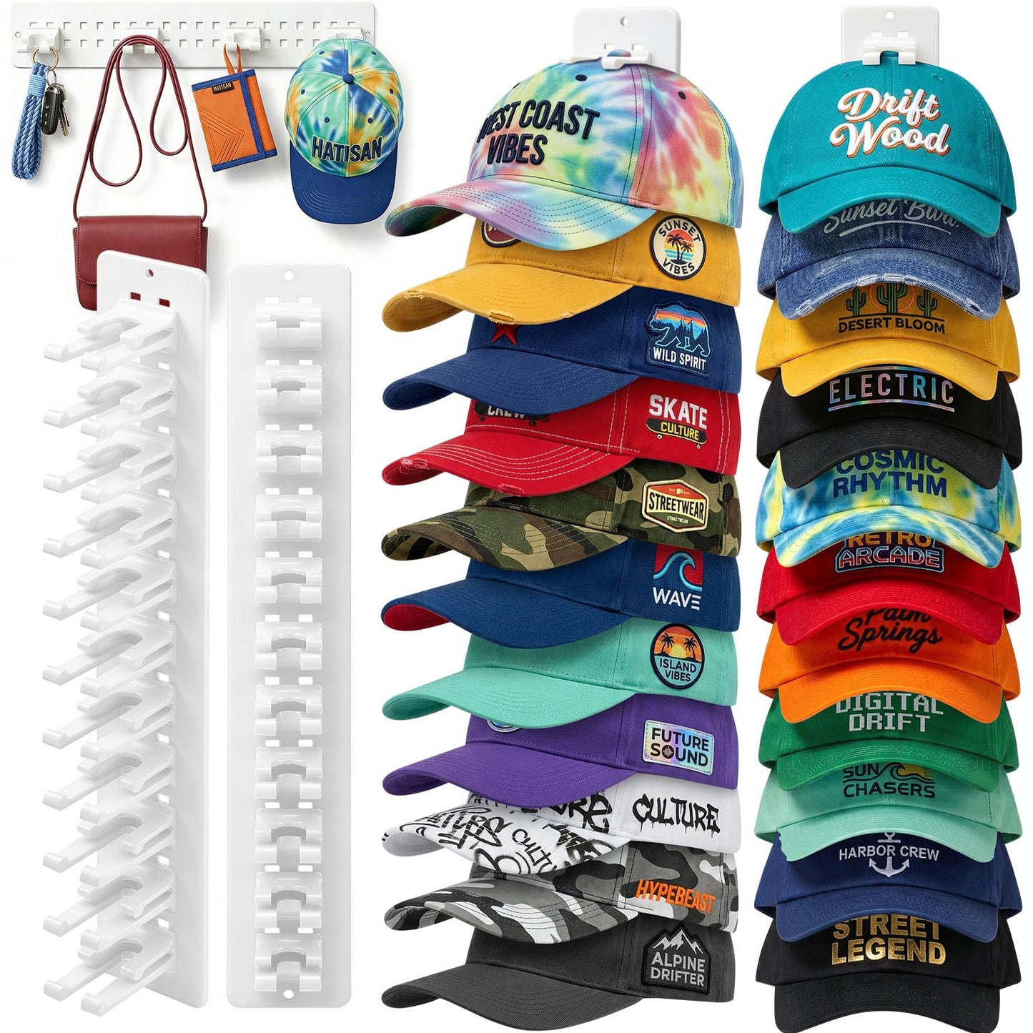 Hat Hook for Wall, 2 Pack Hat Organizer Hold up to 20 Hats,Hat Holder with Strong Adhesive and 8 Pack Screws, Cap Holder Hat Hangers for Wall Closet Door and Bedroom(B-Black) BST220
