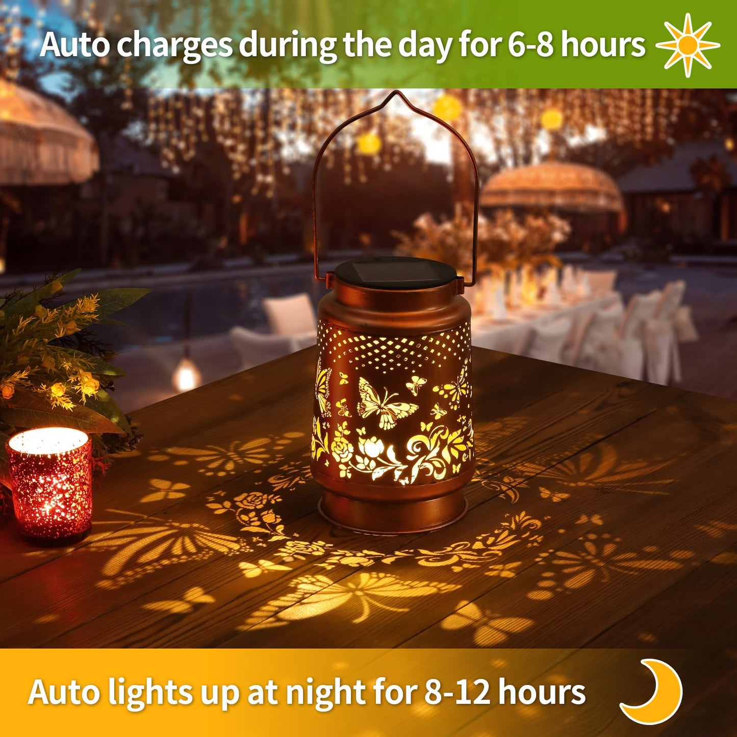 Solar Lanterns Outdoor Waterproof Butterfly Garden Decor Birthday Gifts for Women Mom Grandma, Hanging Solar Lights Metal Lantern Decoration Outside for Yard, Patio, Backyard, Porch