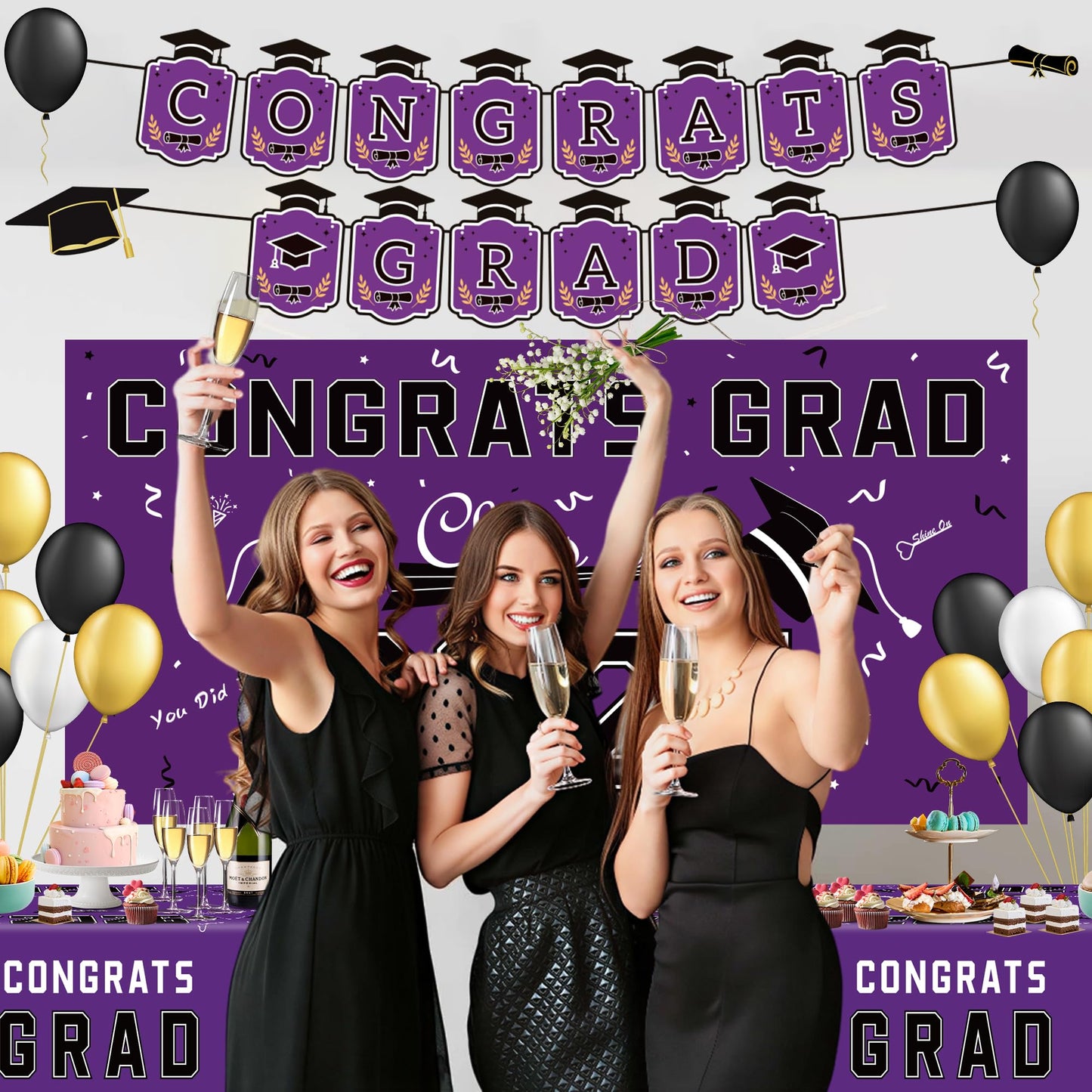 Graduation Decorations 2026 2027 - Red Congrats Grad Banner Backdrop Tablecloth Set - Graduation Decorations Class of 2026 | Graduation Party Favors Supplies WN420