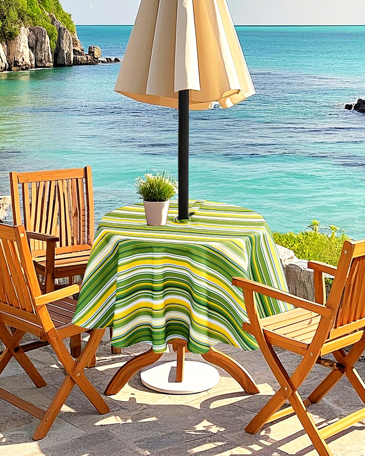 Eternal Beauty 52” Round Tablecloth Waterproof Outdoor Tablecloth with Umbrella Hole Zipper for Spring Summer Patio Picnic Tables (Tropical Palm Leaf) BST326H