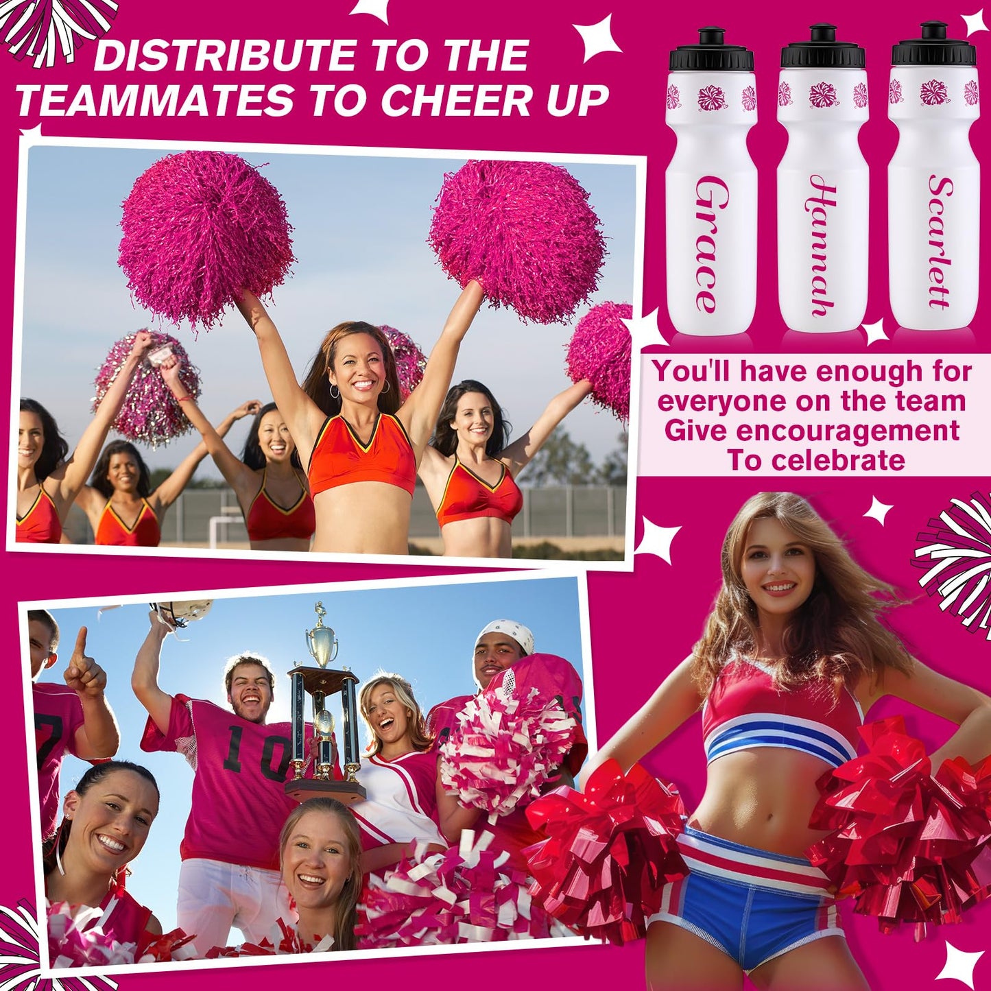 Talltalk 12 Pack Cheerleading Water Bottles Bulk 24 oz Reusable Plastic Cheer Water Bottles with Pull Top Cap Dishwasher Safe Cheerleader Drinking Bottle for Game Sports Dance Party (Rose Red) BST220