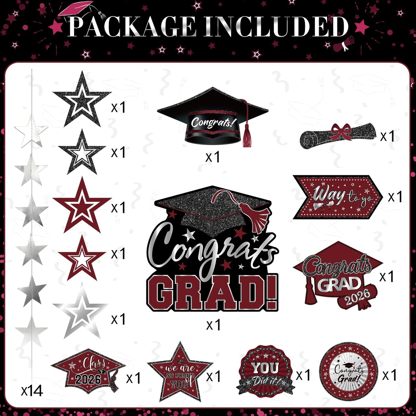 Yisong 14 Pcs Graduation Garland Class of 2026 Graduate Decoration Diploma Hat Star Congrats Garland Banner Congrats Grad Streamers Backdrop for Graduation Party Supplies College Grad Decor(Red) BST202