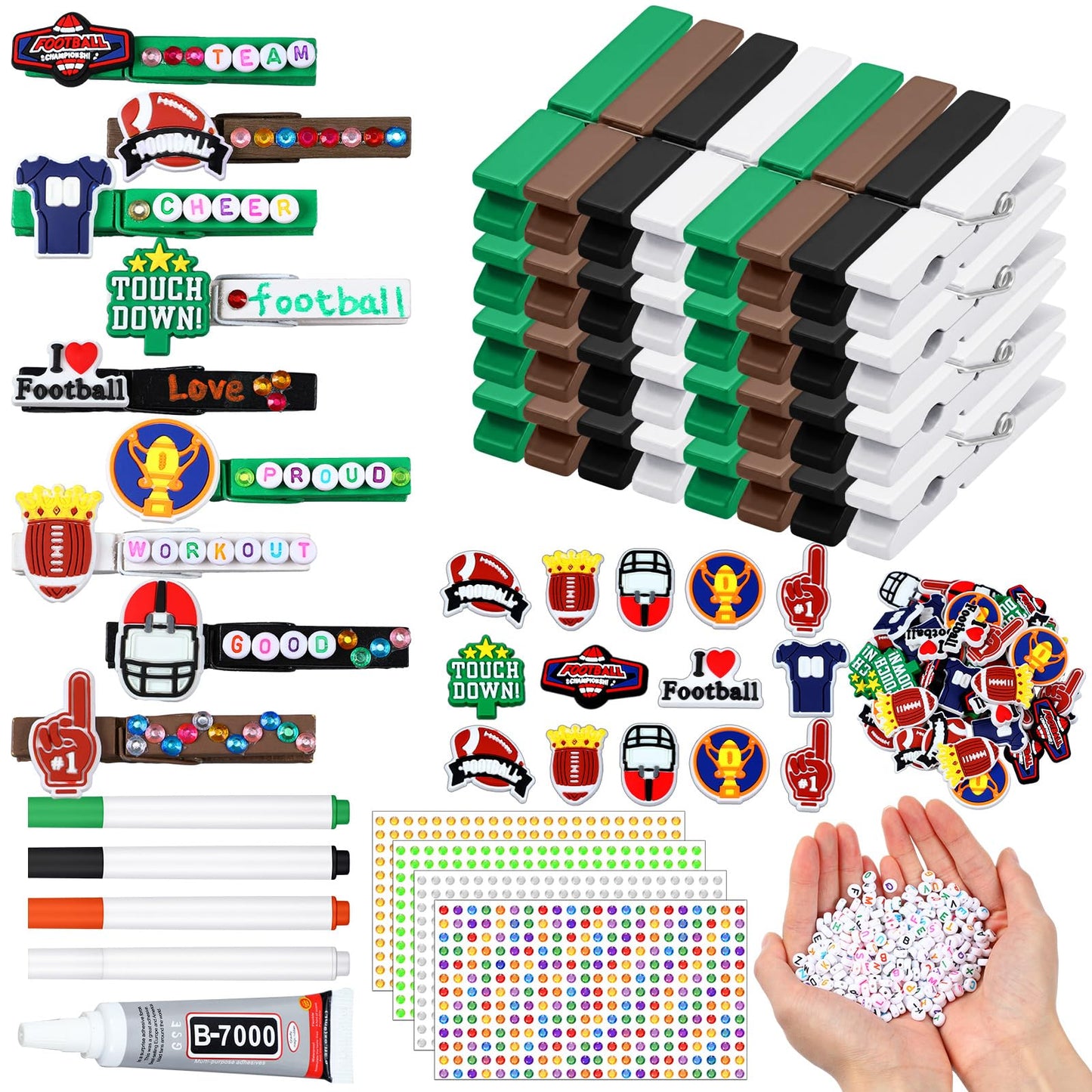 Amyhill 60 Sets Baseball Cheer Pins Wooden DIY Spirit Clips Clothes Pins with 260 Alphabet Beads 4 Rhinestone Stickers 4 Markers 9 ml Glue 60 Baseball Stickers for Cheerleaders Gifts Backpacks Decor BST326H