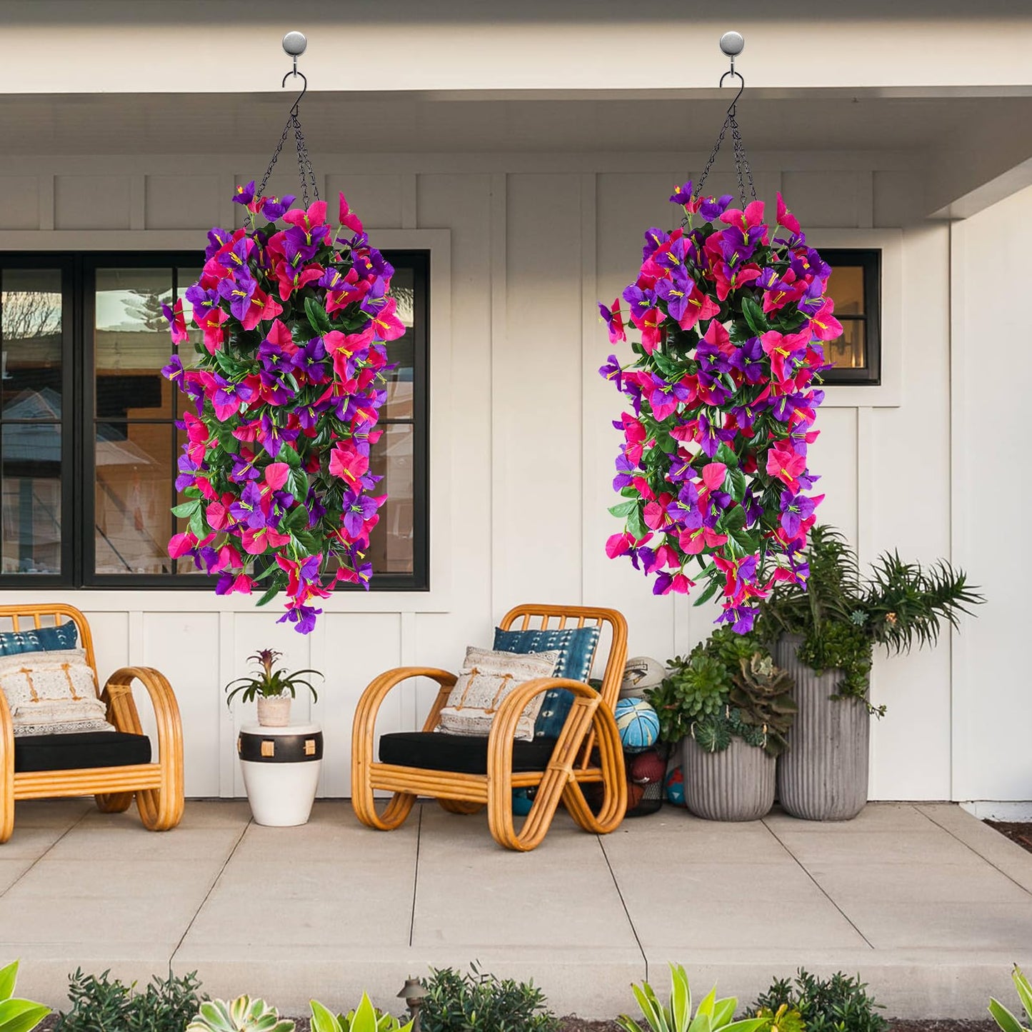 2 Pack Artificial Bougainvillea Flowers for Outdoors Decorations, Fake Hanging Plants, Faux Outside Flowers UV Resistant for Baskets Home Front Door Porch Patio Balcony Yard(Hot Pink) BST202